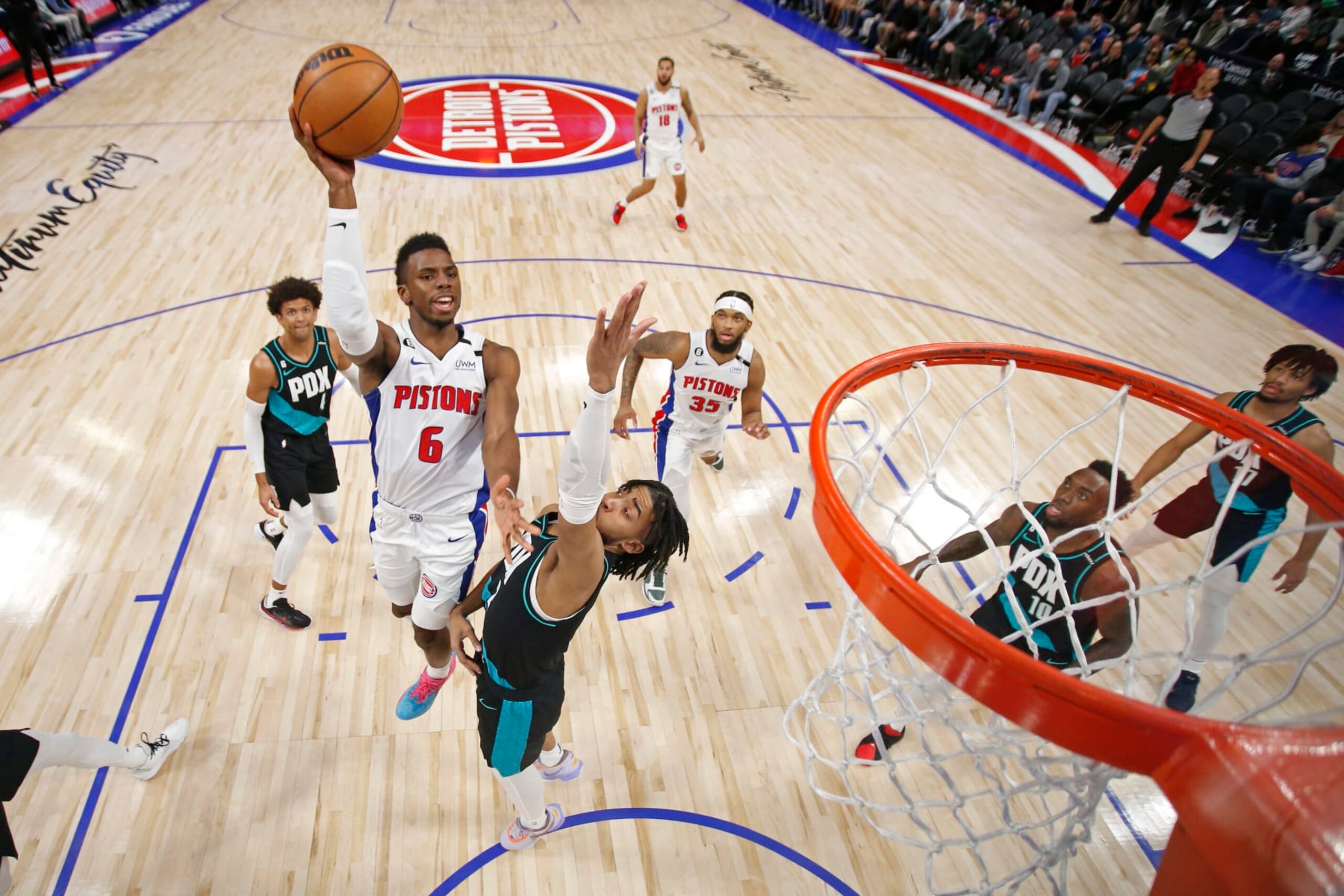 DETROIT, MI - MARCH 6: Hamidou Diallo #6 of the Detroit Pistons shoots the ball during the game against the Portland Trail Blazers on March 6, 2023 at Little Caesars Arena in Detroit, Michigan. NOTE TO USER: User expressly acknowledges and agrees that, by downloading and/or using this photograph, User is consenting to the terms and conditions of the Getty Images License Agreement. Mandatory Copyright Notice: Copyright 2023 NBAE (Photo by Brian Sevald/NBAE via Getty Images) DETROIT, MI - MARCH 6: Hamidou Diallo #6 of the Detroit Pistons shoots the ball during the game against the Portland Trail Blazers on March 6, 2023 at Little Caesars Arena in Detroit, Michigan. NOTE TO USER: User expressly acknowledges and agrees that, by downloading and/or using this photograph, User is consenting to the terms and conditions of the Getty Images License Agreement. Mandatory Copyright Notice: Copyright 2023 NBAE (Photo by Brian Sevald/NBAE via Getty Images)