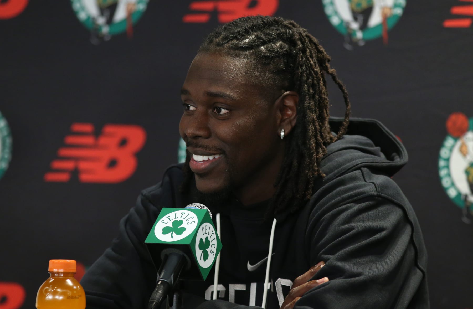 Boston, MA - October 4: Boston Celtics PG Jrue Holiday speaks at his introductory press conference. (Photo by Jonathan Wiggs/The Boston Globe via Getty Images)