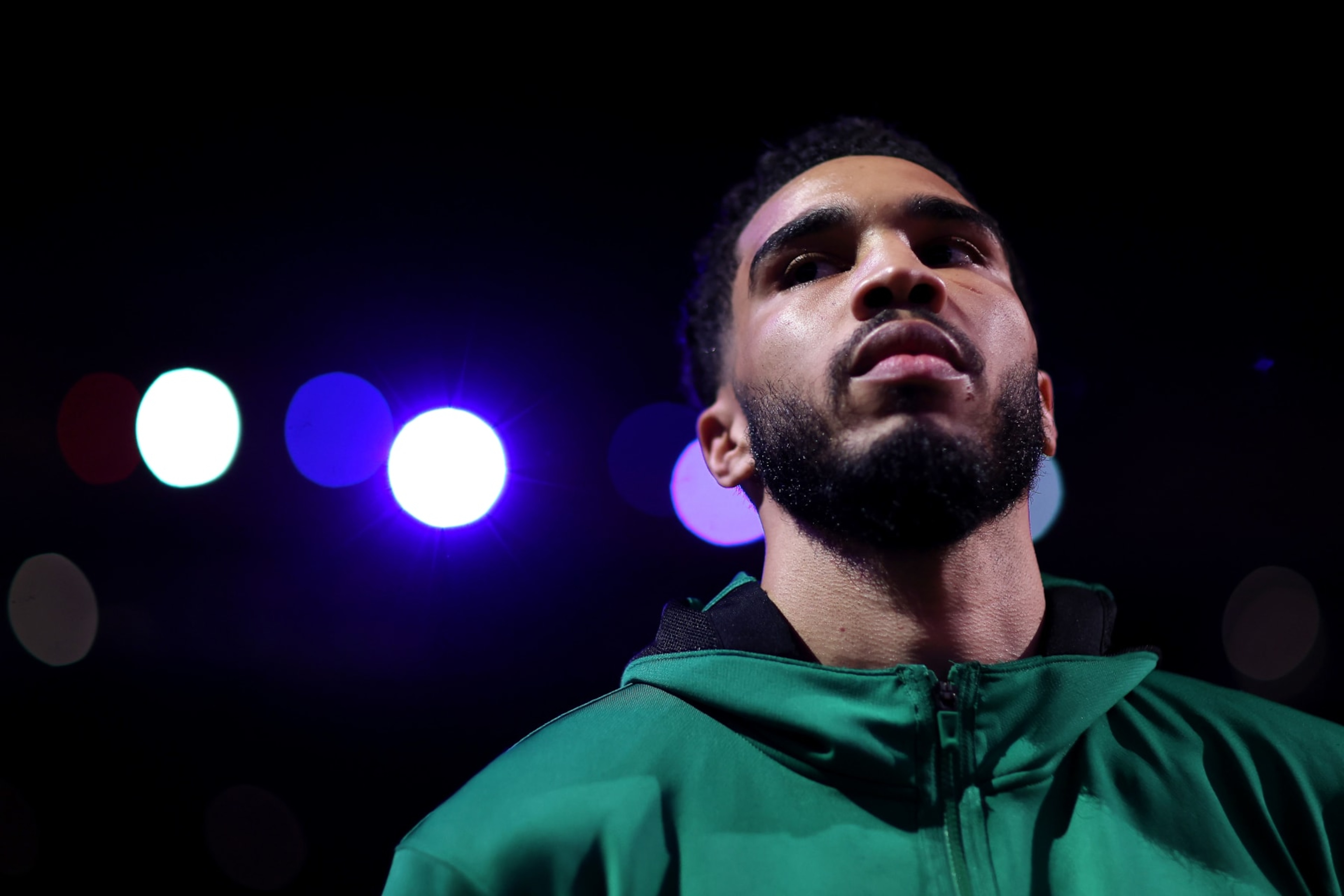 BOSTON, MASSACHUSETTS - JUNE 08: Jayson Tatum #0 of the Boston Celtics looks on during the national anthem prior to Game Three of the 2022 NBA Finals against the Golden State Warriors at TD Garden on June 08, 2022 in Boston, Massachusetts. NOTE TO USER: User expressly acknowledges and agrees that, by downloading and/or using this photograph, User is consenting to the terms and conditions of the Getty Images License Agreement. (Photo by Maddie Meyer/Getty Images) BOSTON, MASSACHUSETTS - JUNE 08: Jayson Tatum #0 of the Boston Celtics looks on during the national anthem prior to Game Three of the 2022 NBA Finals against the Golden State Warriors at TD Garden on June 08, 2022 in Boston, Massachusetts. NOTE TO USER: User expressly acknowledges and agrees that, by downloading and/or using this photograph, User is consenting to the terms and conditions of the Getty Images License Agreement. (Photo by Maddie Meyer/Getty Images)