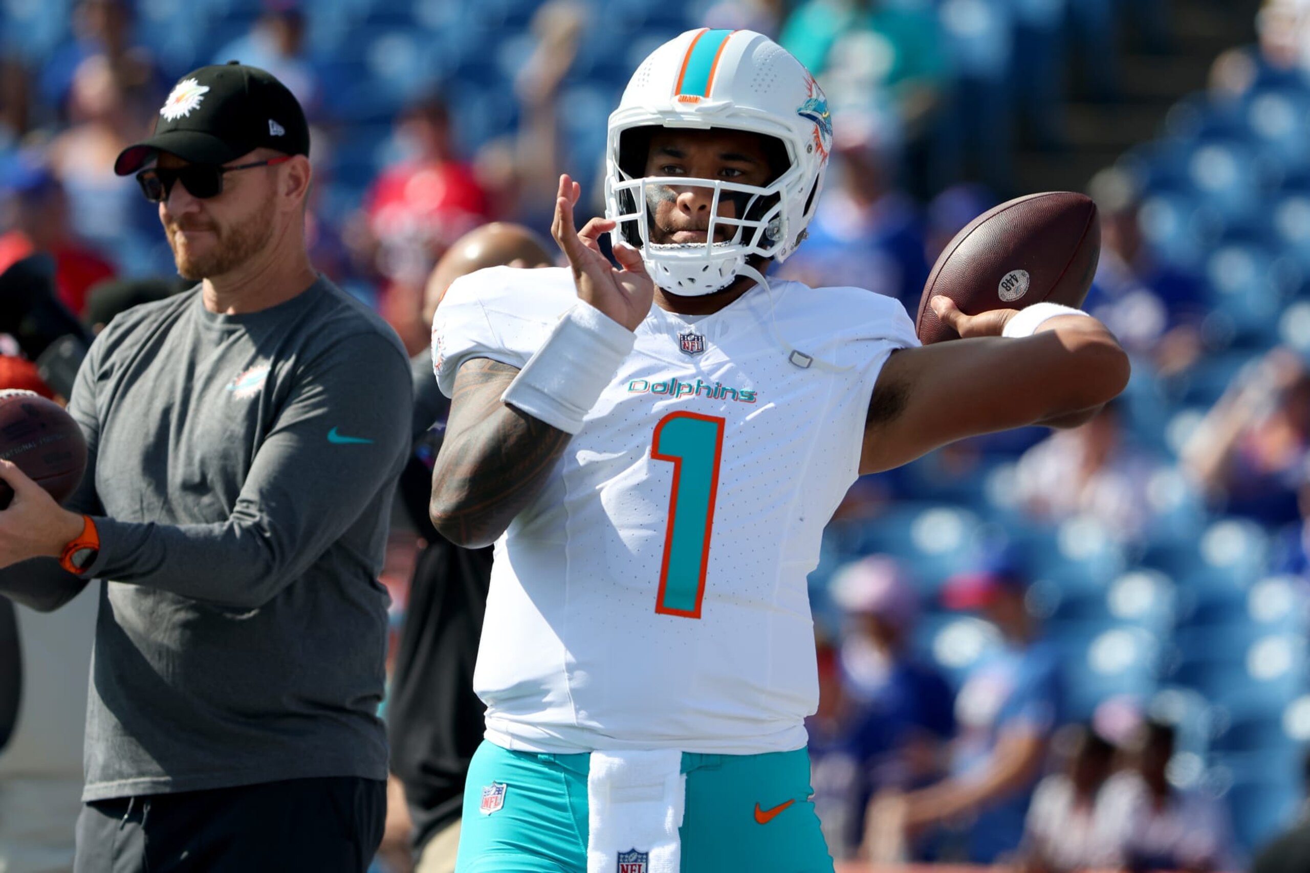 ORCHARD PARK, NEW YORK - OCTOBER 01: Tua Tagovailoa #1 of the Miami Dolphins warms up before the game against the Buffalo Bills at Highmark Stadium on October 01, 2023 in Orchard Park, New York. (Photo by Timothy T Ludwig/Getty Images)