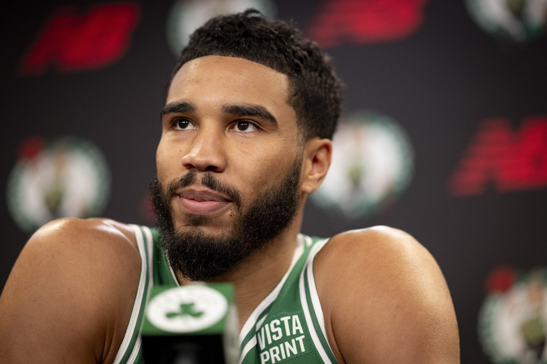 BOSTON, MASSACHUSETTS - OCTOBER 2: Jayson Tatum #0 of the Boston Celtics speaks to the media during Boston Celtics Media Day at The Auerbach Center on October 2, 2023 in Boston, Massachusetts. NOTE TO USER: User expressly acknowledges and agrees that, by downloading and or using this photograph, User is consenting to the terms and conditions of the Getty Images License Agreement.(Photo by Maddie Malhotra/Getty Images)