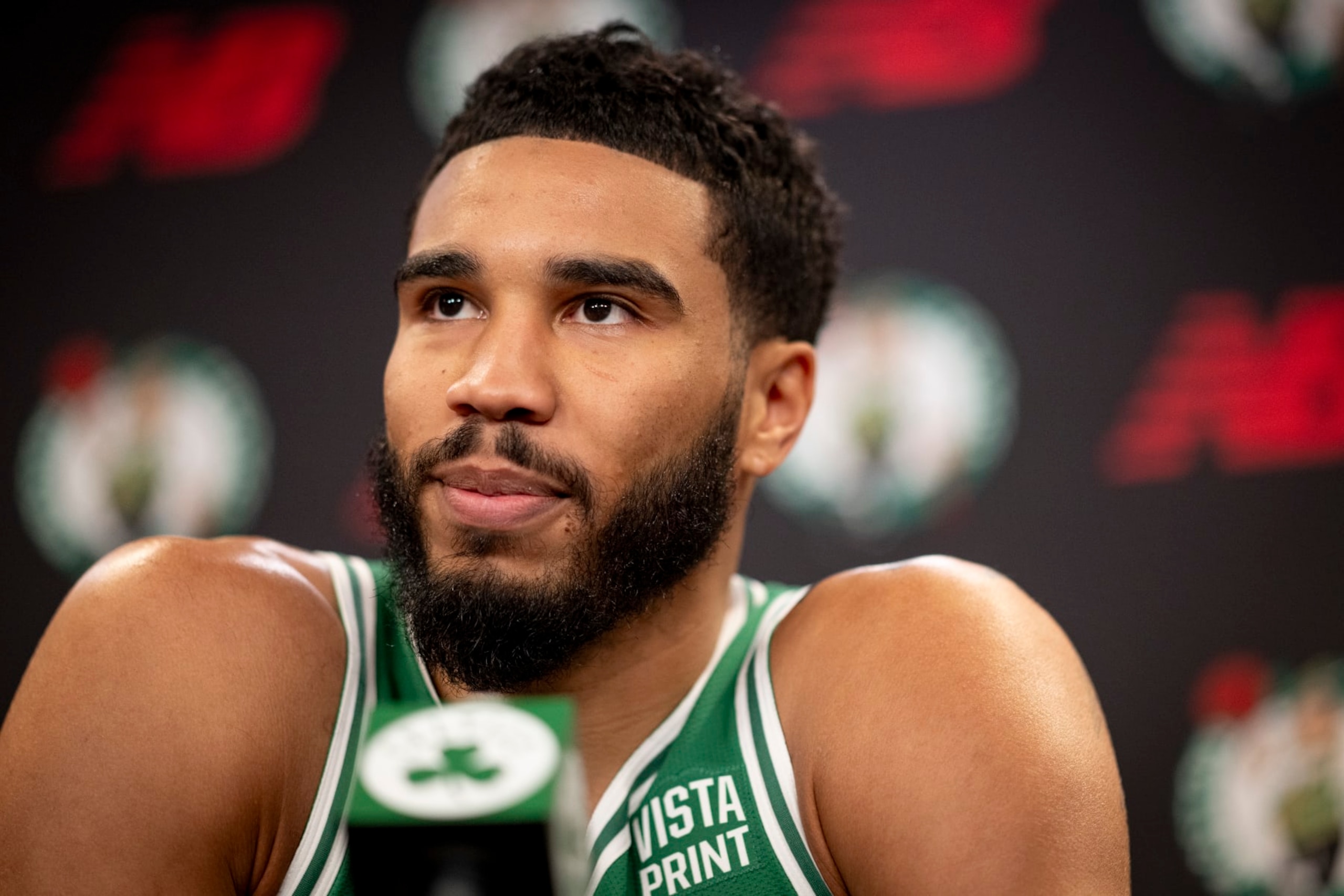BOSTON, MASSACHUSETTS - OCTOBER 2: Jayson Tatum #0 of the Boston Celtics speaks to the media during Boston Celtics Media Day at The Auerbach Center on October 2, 2023 in Boston, Massachusetts. NOTE TO USER: User expressly acknowledges and agrees that, by downloading and or using this photograph, User is consenting to the terms and conditions of the Getty Images License Agreement.(Photo by Maddie Malhotra/Getty Images)