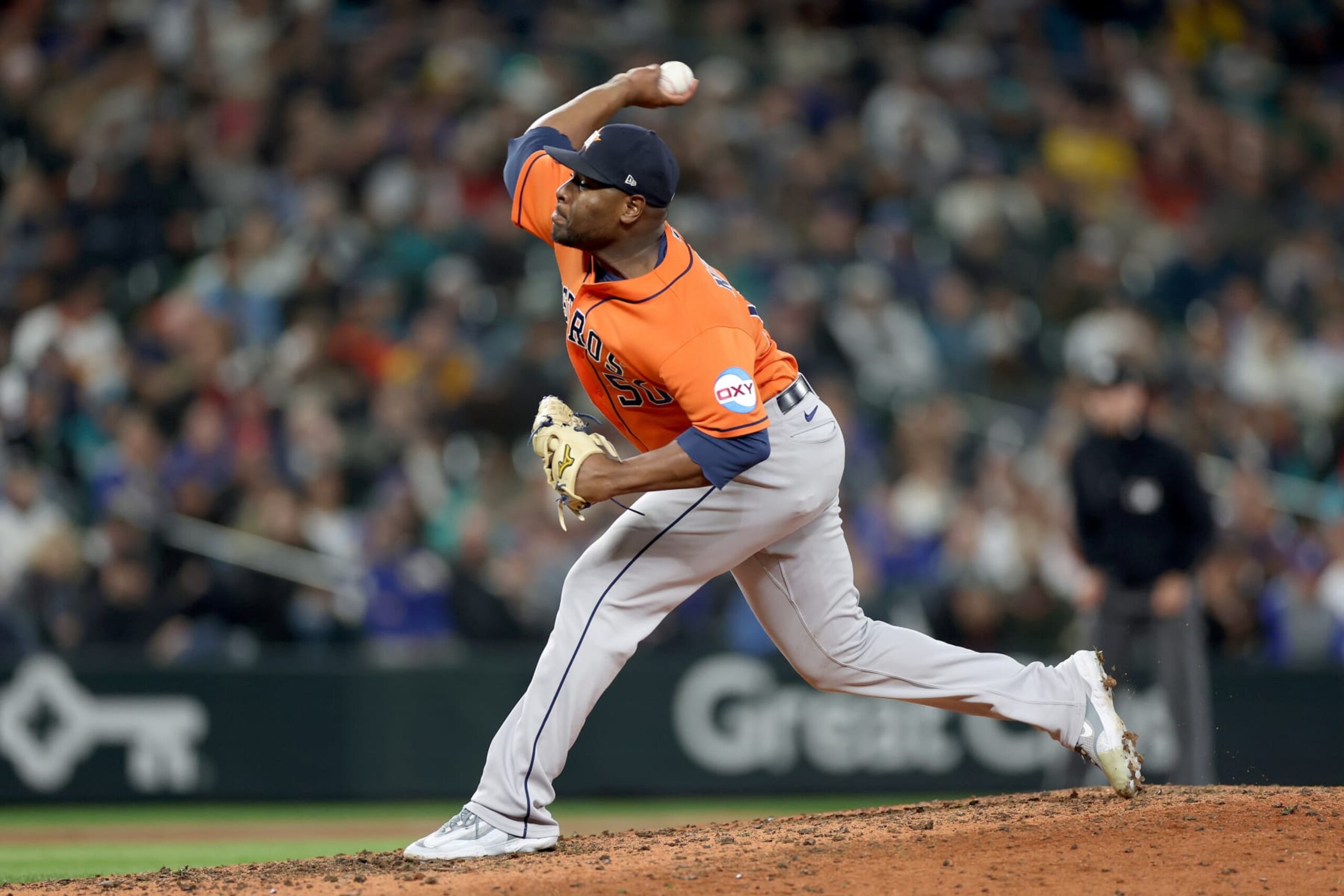 SEATTLE, WASHINGTON - SEPTEMBER 27: Hector Neris #50 of the Houston Astros pitches against the Seattle Mariners at T-Mobile Park on September 27, 2023 in Seattle, Washington. (Photo by Steph Chambers/Getty Images)