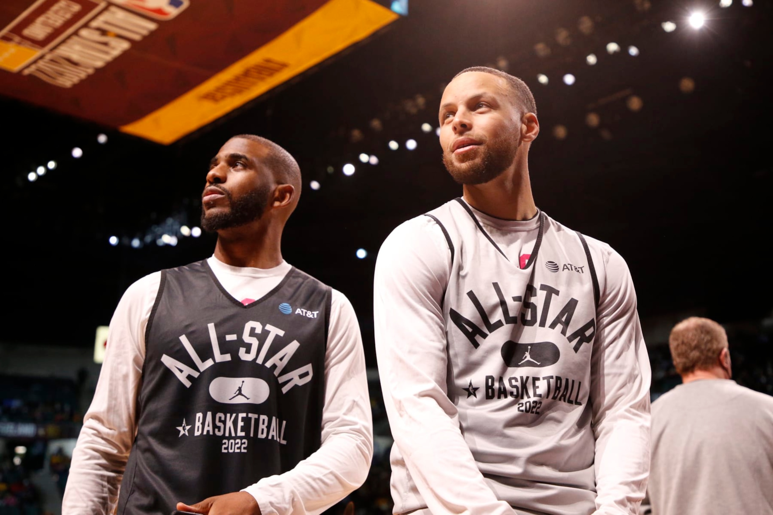 CLEVELAND, OH - FEBRUARY 19: Chris Paul #3 and Stephen Curry #30 of Team LeBron look on during NBA All Star Practice as part of 2022 NBA All Star Weekend on Saturday, February 19, 2022 at Wolstein Center in Cleveland, Ohio. NOTE TO USER: User expressly acknowledges and agrees that, by downloading and/or using this Photograph, user is consenting to the terms and conditions of the Getty Images License Agreement. Mandatory Copyright Notice: Copyright 2022 NBAE (Photo by Brian Sevald/NBAE via Getty Images)