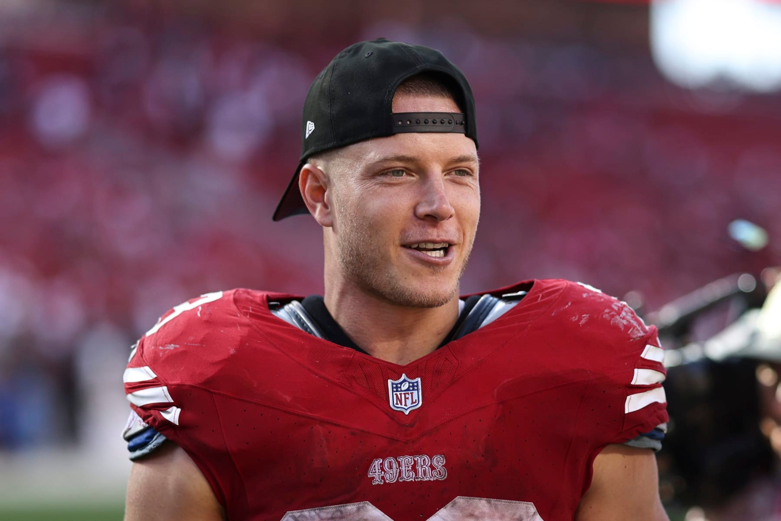 SANTA CLARA, CALIFORNIA - OCTOBER 01: Christian McCaffrey #23 of the San Francisco 49ers reacts following an NFL football game between the San Francisco 49ers and the Arizona Cardinals at Levi's Stadium on October 01, 2023 in Santa Clara, California. (Photo by Michael Owens/Getty Images)