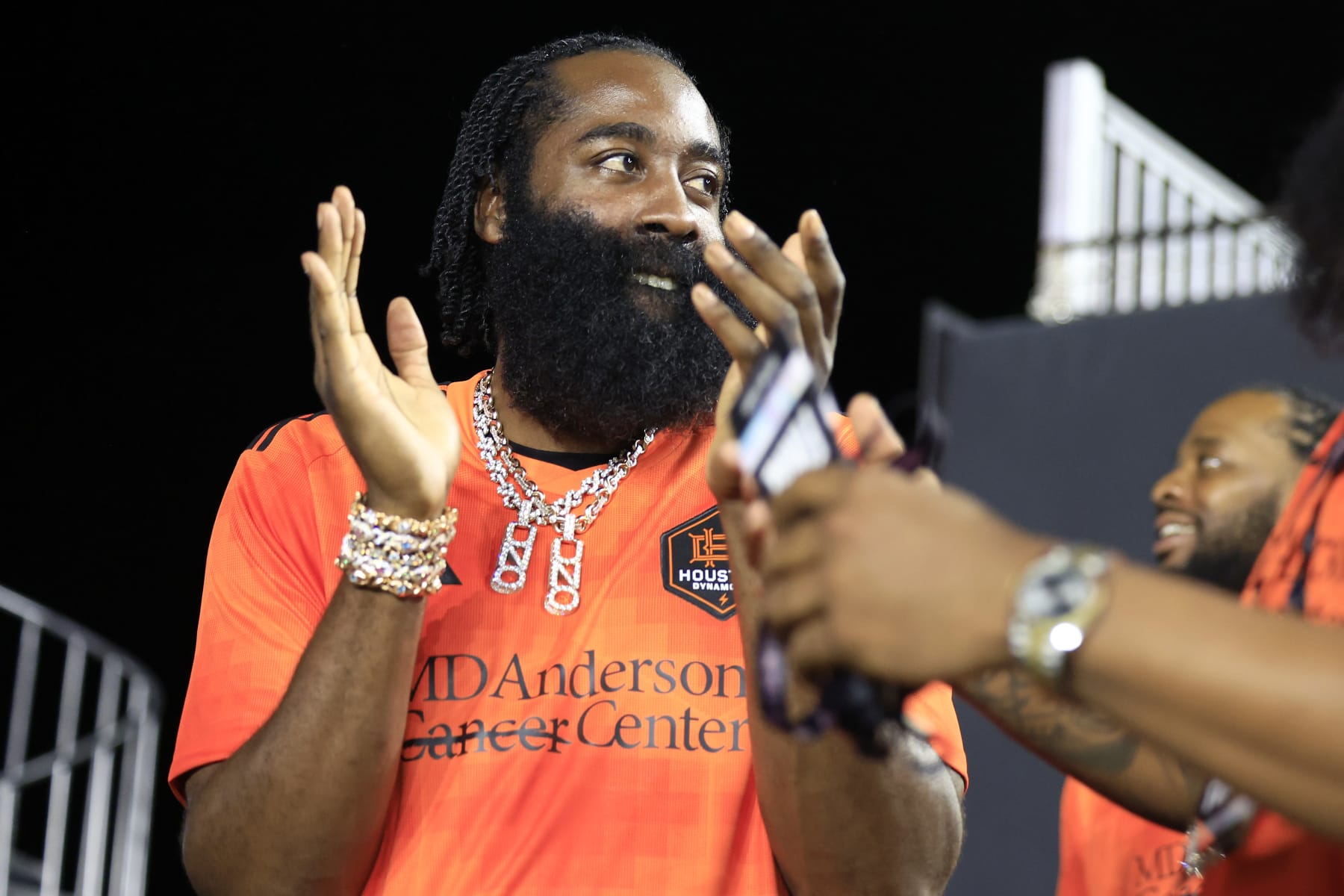 FORT LAUDERDALE, FLORIDA - SEPTEMBER 27: NBA player James Harden watches the game during the first half during the 2023 U.S. Open Cup Final between the Houston Dynamo FC and Inter Miami CF at DRV PNK Stadium on September 27, 2023 in Fort Lauderdale, Florida. (Photo by Carmen Mandato/USSF/Getty Images for USSF)
