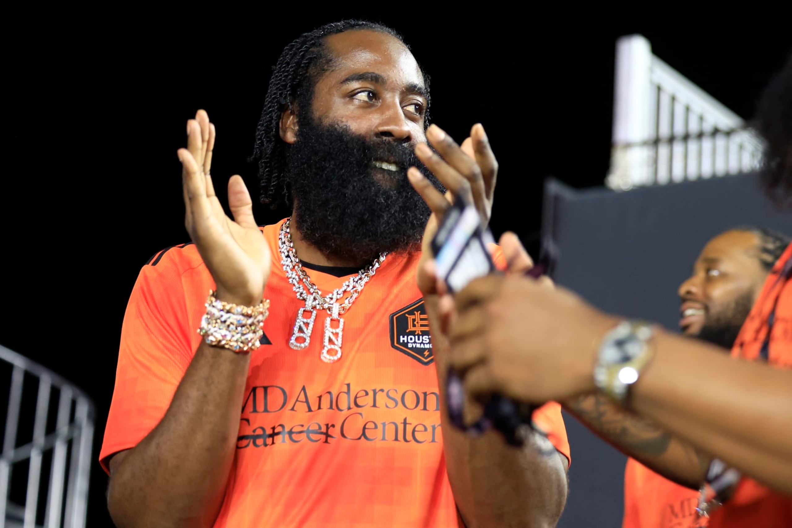 FORT LAUDERDALE, FLORIDA - SEPTEMBER 27: NBA player James Harden watches the game during the first half during the 2023 U.S. Open Cup Final between the Houston Dynamo FC and Inter Miami CF at DRV PNK Stadium on September 27, 2023 in Fort Lauderdale, Florida. (Photo by Carmen Mandato/USSF/Getty Images for USSF)