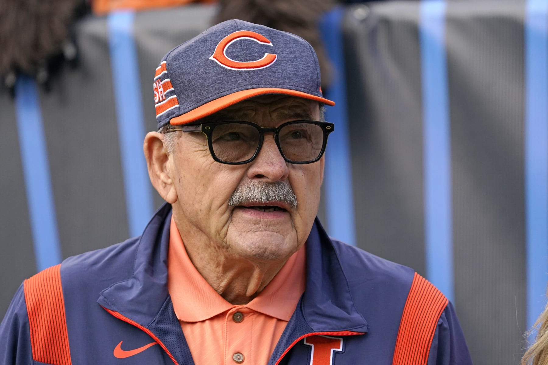 Chicago Bears legend Dick Butkus watches from the sideline during the first half of an NFL football game against the Houston Texans Sunday, Sept. 25, 2022, in Chicago. (AP Photo/Nam Y. Huh)