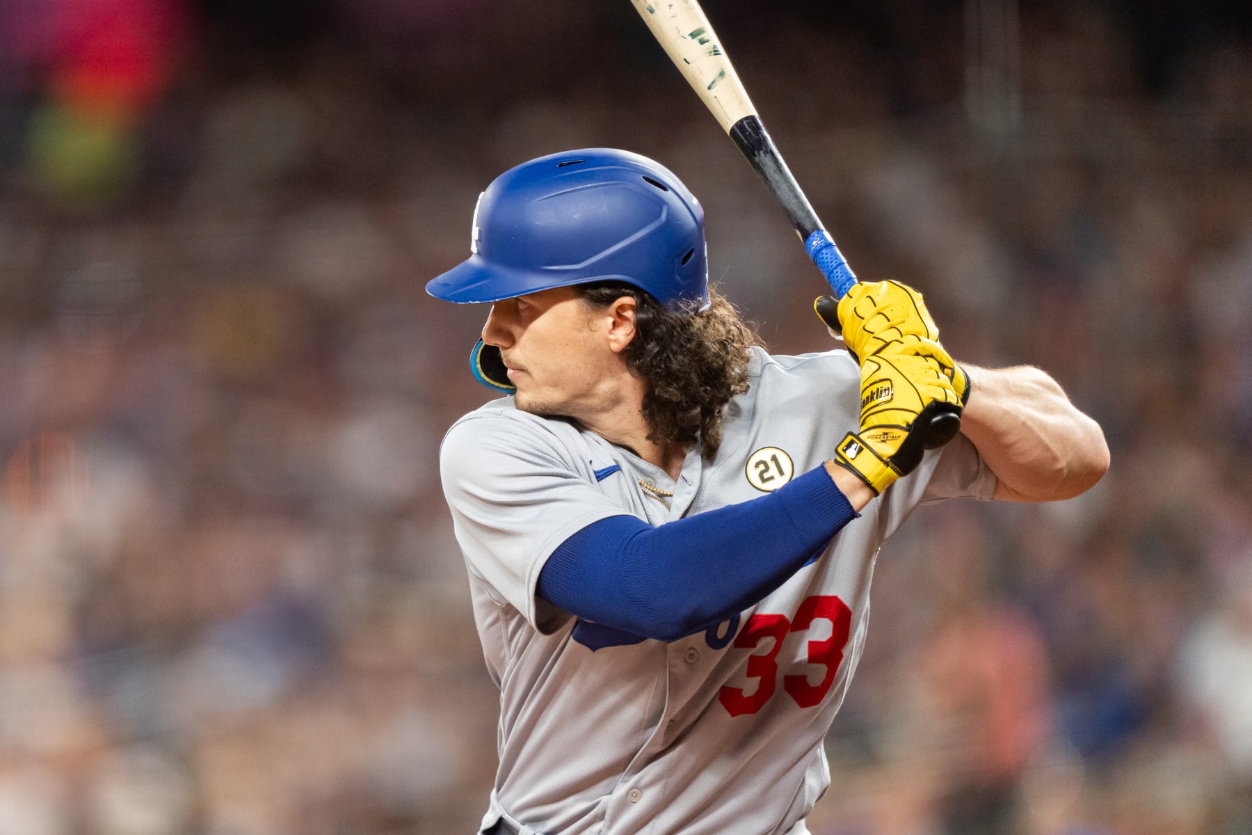 SEATTLE, WA - SEPTEMBER 15: James Outman #33 of the Los Angeles Dodgers bats during the game between the Los Angeles Dodgers and the Seattle Mariners at T-Mobile Park on Friday, September 15, 2023 in Seattle, Washington. (Photo by Liv Lyons/MLB Photos via Getty Images)