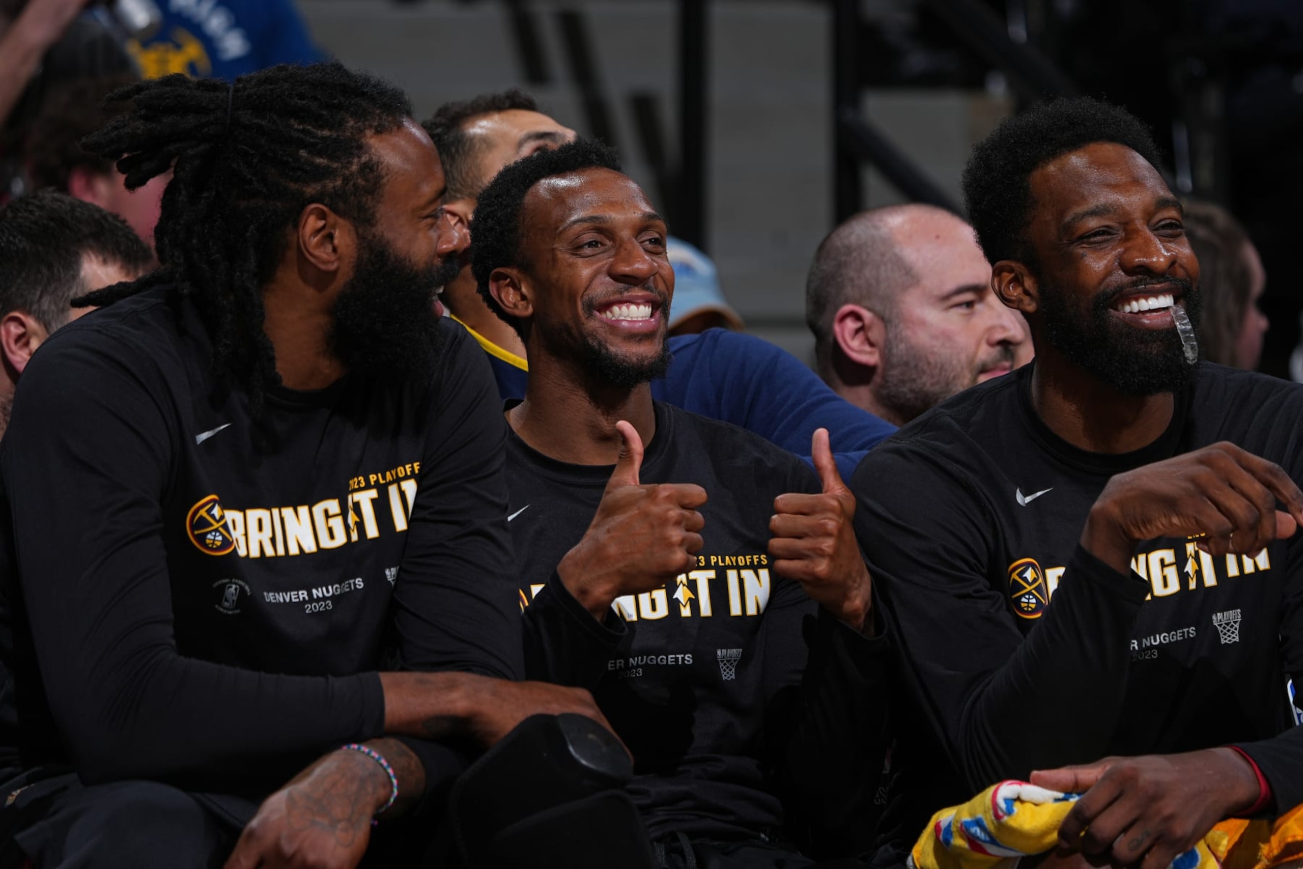 DENVER, CO - MAY 9: Denver Nuggets bench courtside during the game during Round 2 Game 5 of the Western Conference Semi-Finals 2023 NBA Playoffs on May 9, 2023 at the Ball Arena in Denver, Colorado. NOTE TO USER: User expressly acknowledges and agrees that, by downloading and/or using this Photograph, user is consenting to the terms and conditions of the Getty Images License Agreement. Mandatory Copyright Notice: Copyright 2023 NBAE (Photo by Garrett Ellwood/NBAE via Getty Images) DENVER, CO - MAY 9: Denver Nuggets bench courtside during the game during Round 2 Game 5 of the Western Conference Semi-Finals 2023 NBA Playoffs on May 9, 2023 at the Ball Arena in Denver, Colorado. NOTE TO USER: User expressly acknowledges and agrees that, by downloading and/or using this Photograph, user is consenting to the terms and conditions of the Getty Images License Agreement. Mandatory Copyright Notice: Copyright 2023 NBAE (Photo by Garrett Ellwood/NBAE via Getty Images)