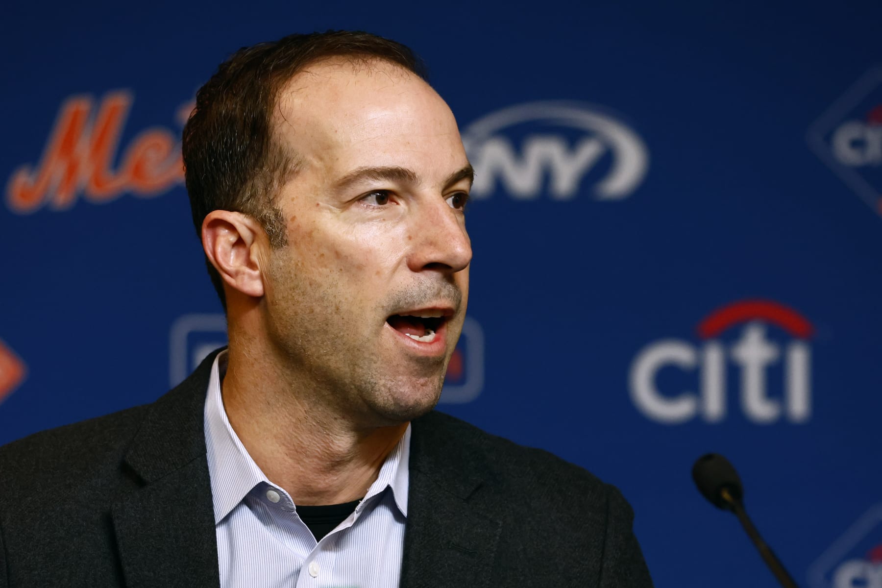 NEW YORK, NY - DECEMBER 20: General manager Billy Eppler of the New York Mets talks during a press conference to introduce pitcher Justin Verlander at Citi Field on December 20, 2022 in New York City. (Photo by Rich Schultz/Getty Images)