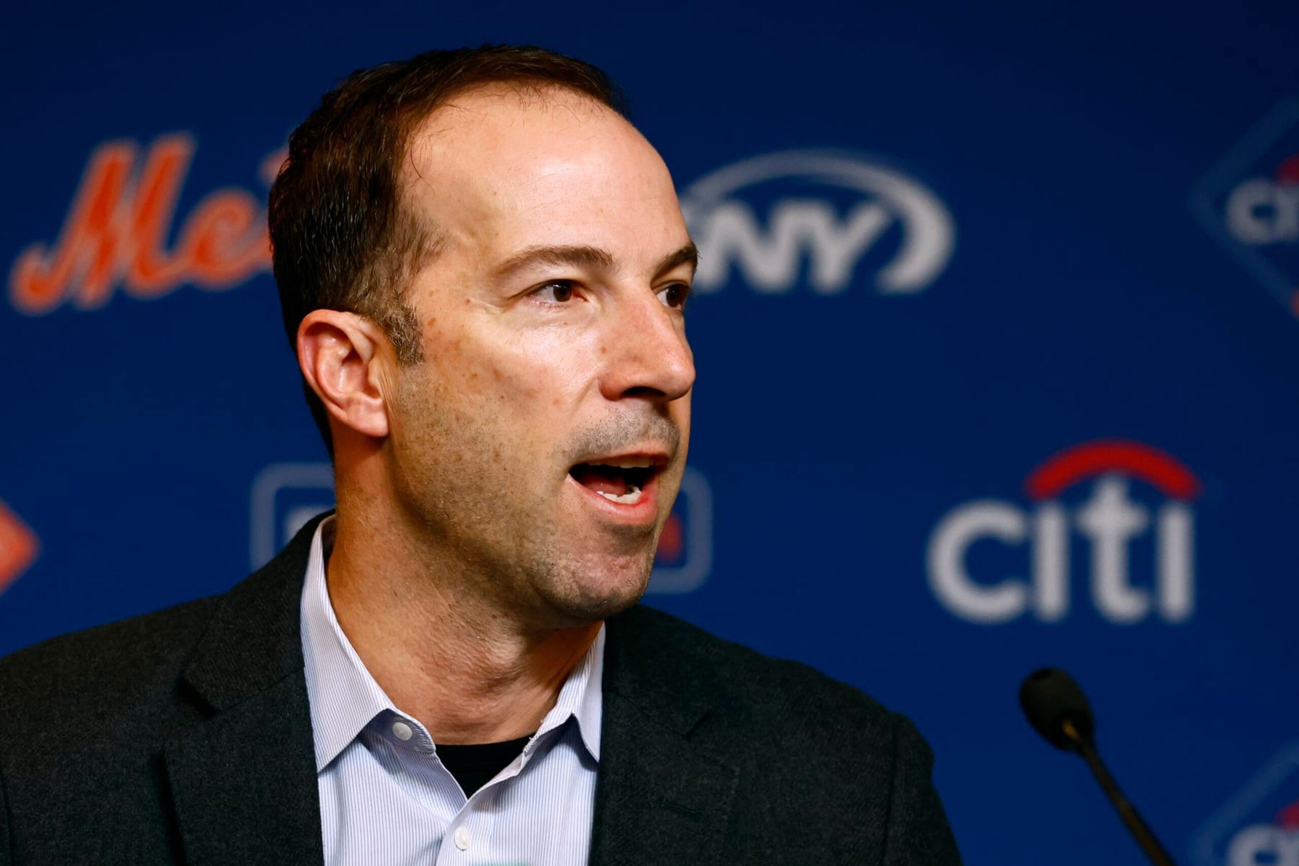 NEW YORK, NY - DECEMBER 20: General manager Billy Eppler of the New York Mets talks during a press conference to introduce pitcher Justin Verlander at Citi Field on December 20, 2022 in New York City. (Photo by Rich Schultz/Getty Images)