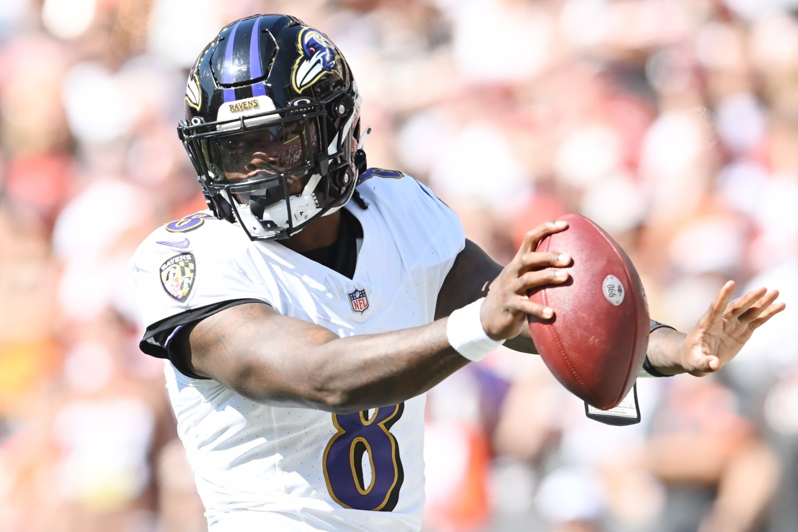 CLEVELAND, OHIO - OCTOBER 01: Lamar Jackson #8 of the Baltimore Ravens celebrates while scoring a rushing touchdown during the first quarter against the Cleveland Browns at Cleveland Browns Stadium on October 01, 2023 in Cleveland, Ohio. (Photo by Nick Cammett/Getty Images)