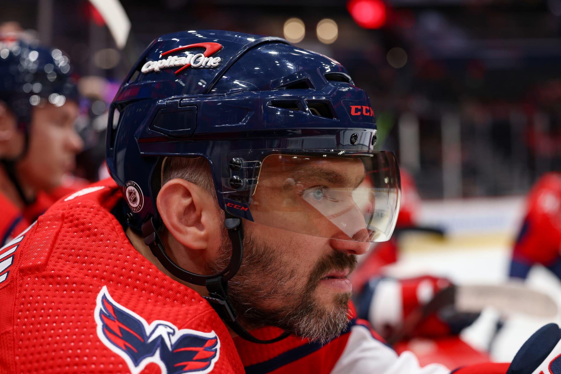 WASHINGTON, DC - SEPTEMBER 28: Alex Ovechkin #8 of the Washington Capitals watches the play during a pre-season game against the Detroit Red Wings at Capital One Arena on September 28, 2023 in Washington, D.C. (Photo by John McCreary/NHLI via Getty Images)