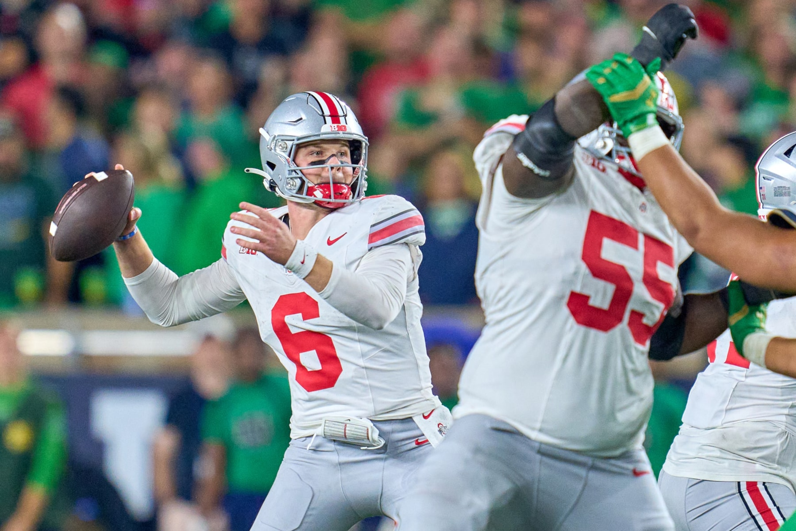 SOUTH BEND, IN - SEPTEMBER 23: Ohio State Buckeyes quarterback Kyle McCord (6) throws the football in action during a football game between the Notre Dame Fighting Irish and the Ohio State Buckeyes on September 23, 2023 at Notre Dame Stadium in South Bend, IN. (Photo by Robin Alam/Icon Sportswire via Getty Images)