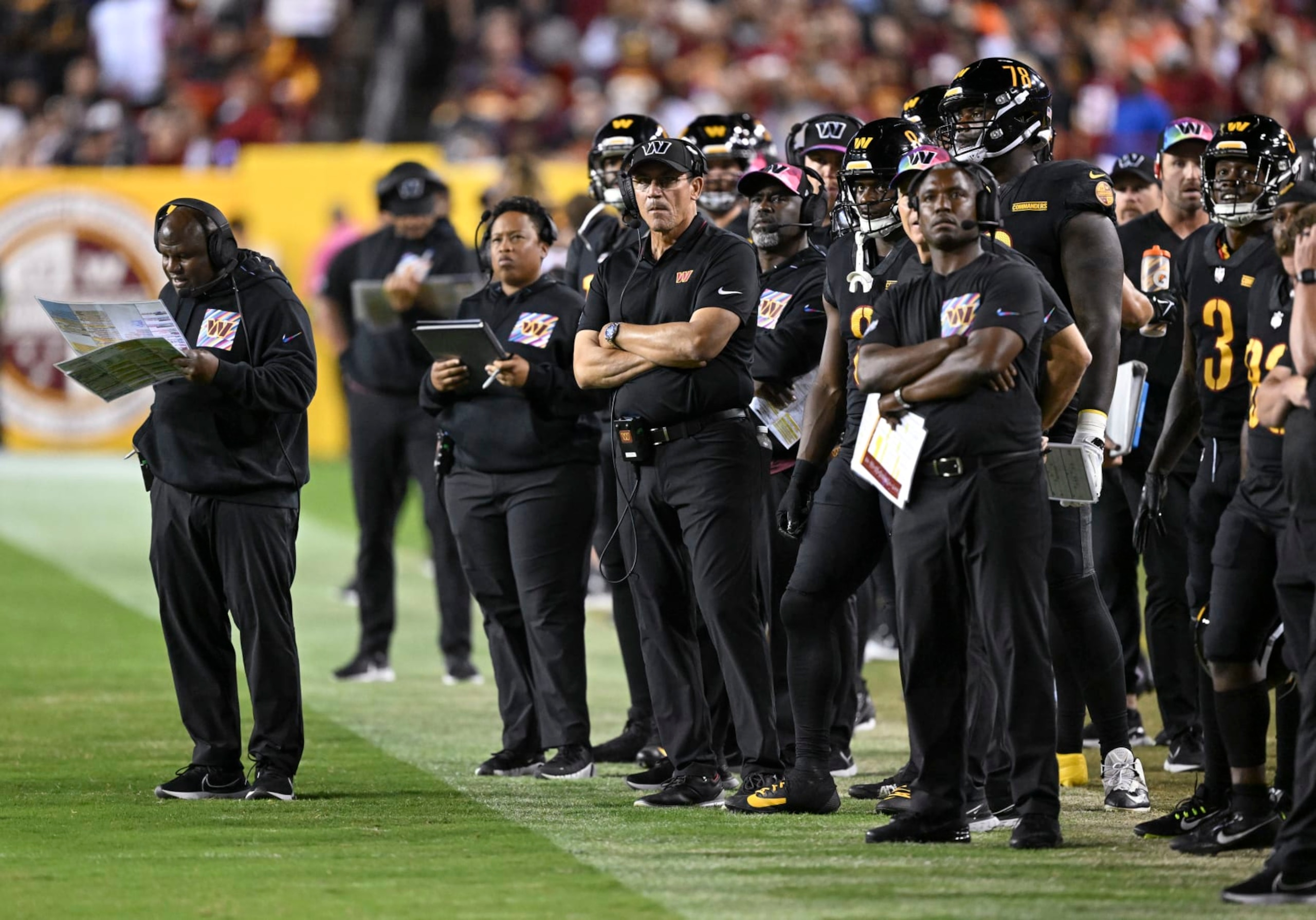 LANDOVER, MD -OCTOBER 5: Washington Commanders offensive coordinator Eric Bieniemy and Washington Commanders head coach Ron Rivera on the sidelines during the game against the Chicago Bears at FedEx Field on October 5, 2023. (Photo by Jonathan Newton/The Washington Post via Getty Images) LANDOVER, MD -OCTOBER 5: Washington Commanders offensive coordinator Eric Bieniemy and Washington Commanders head coach Ron Rivera on the sidelines during the game against the Chicago Bears at FedEx Field on October 5, 2023. (Photo by Jonathan Newton/The Washington Post via Getty Images)