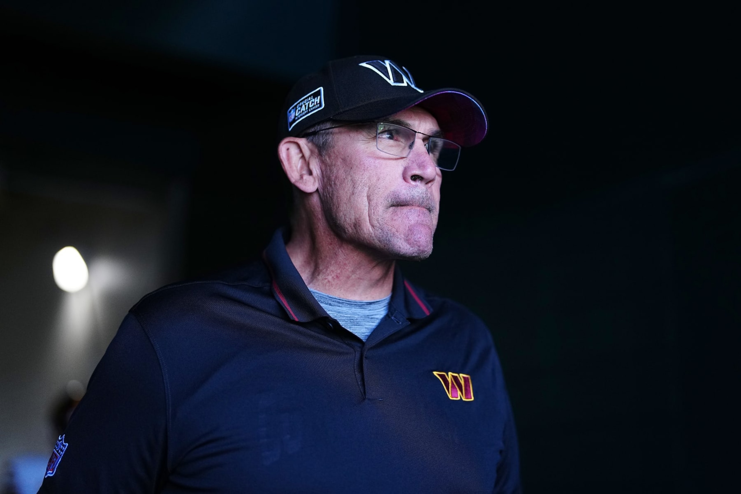 PHILADELPHIA, PENNSYLVANIA - OCTOBER 01: Head coach Ron Rivera of the Washington Commanders exits the tunnel before the game against the Philadelphia Eagles at Lincoln Financial Field on October 01, 2023 in Philadelphia, Pennsylvania. (Photo by Mitchell Leff/Getty Images)
