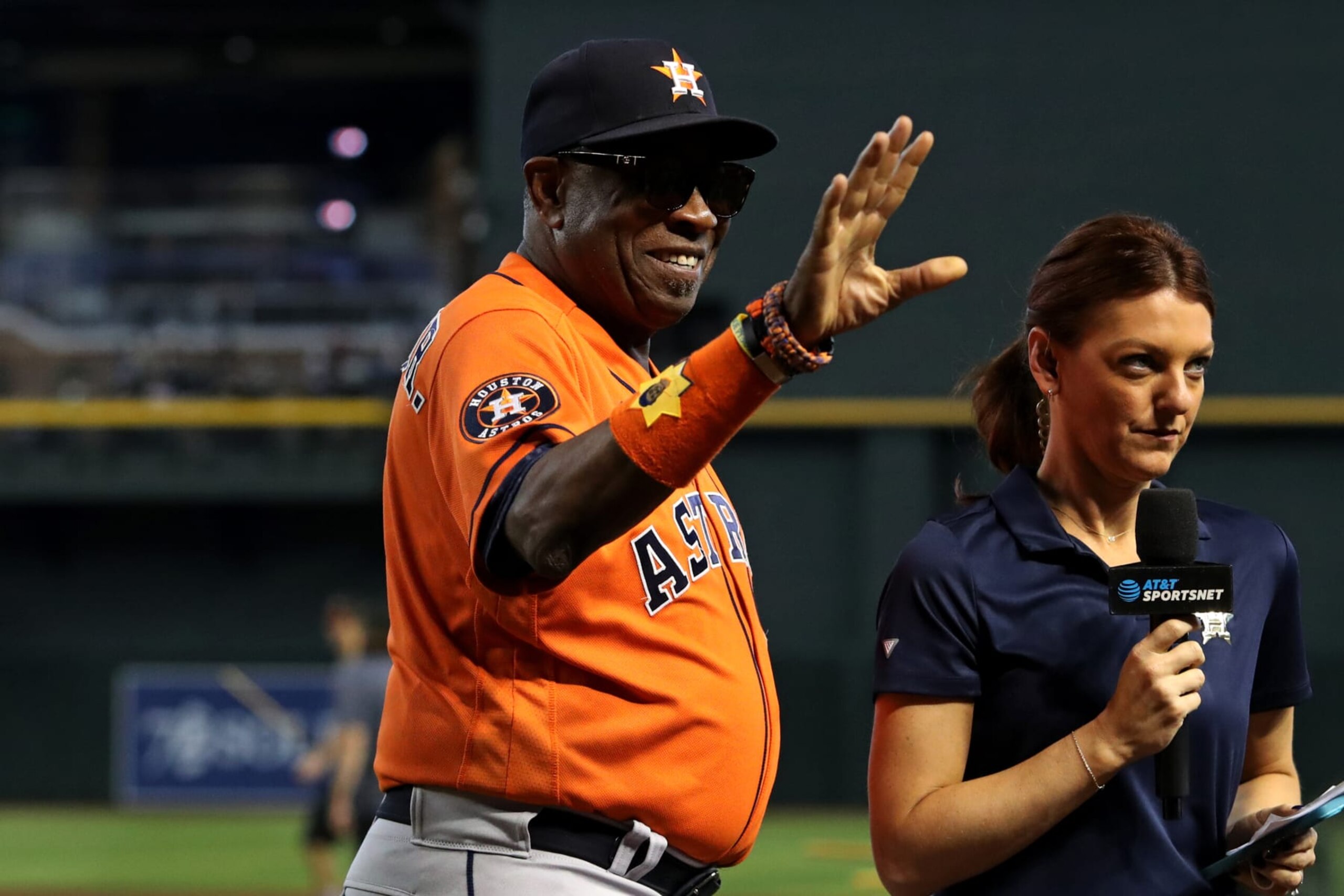 PHOENIX, AZ - OCTOBER 01: Houston Astros manager Dusty Baker Jr. (12) gets interviewed after clinching the AL West Division after a baseball game between the Houston Astros and the Arizona Diamondbacks on October 1st, 2023, at Chase Field in Phoenix, AZ. (Photo by Zac BonDurant/Icon Sportswire via Getty Images) PHOENIX, AZ - OCTOBER 01: Houston Astros manager Dusty Baker Jr. (12) gets interviewed after clinching the AL West Division after a baseball game between the Houston Astros and the Arizona Diamondbacks on October 1st, 2023, at Chase Field in Phoenix, AZ. (Photo by Zac BonDurant/Icon Sportswire via Getty Images)