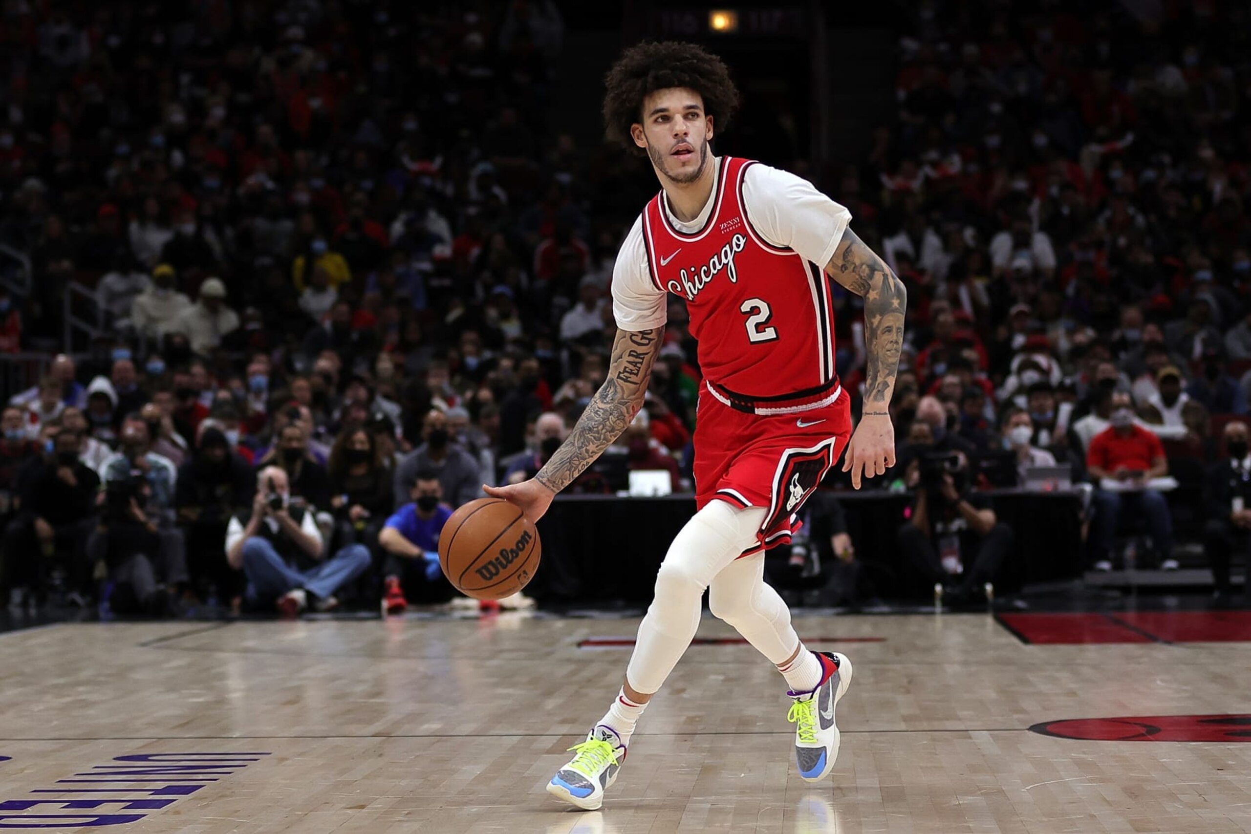 CHICAGO, ILLINOIS - JANUARY 12: Lonzo Ball #2 of the Chicago Bulls walks backcourt during a game against the Brooklyn Nets at United Center on January 12, 2022 in Chicago, Illinois. NOTE TO USER: User expressly acknowledges and agrees that, by downloading and or using this photograph, User is consenting to the terms and conditions of the Getty Images License Agreement. (Photo by Stacy Revere/Getty Images) CHICAGO, ILLINOIS - JANUARY 12: Lonzo Ball #2 of the Chicago Bulls walks backcourt during a game against the Brooklyn Nets at United Center on January 12, 2022 in Chicago, Illinois. NOTE TO USER: User expressly acknowledges and agrees that, by downloading and or using this photograph, User is consenting to the terms and conditions of the Getty Images License Agreement. (Photo by Stacy Revere/Getty Images)