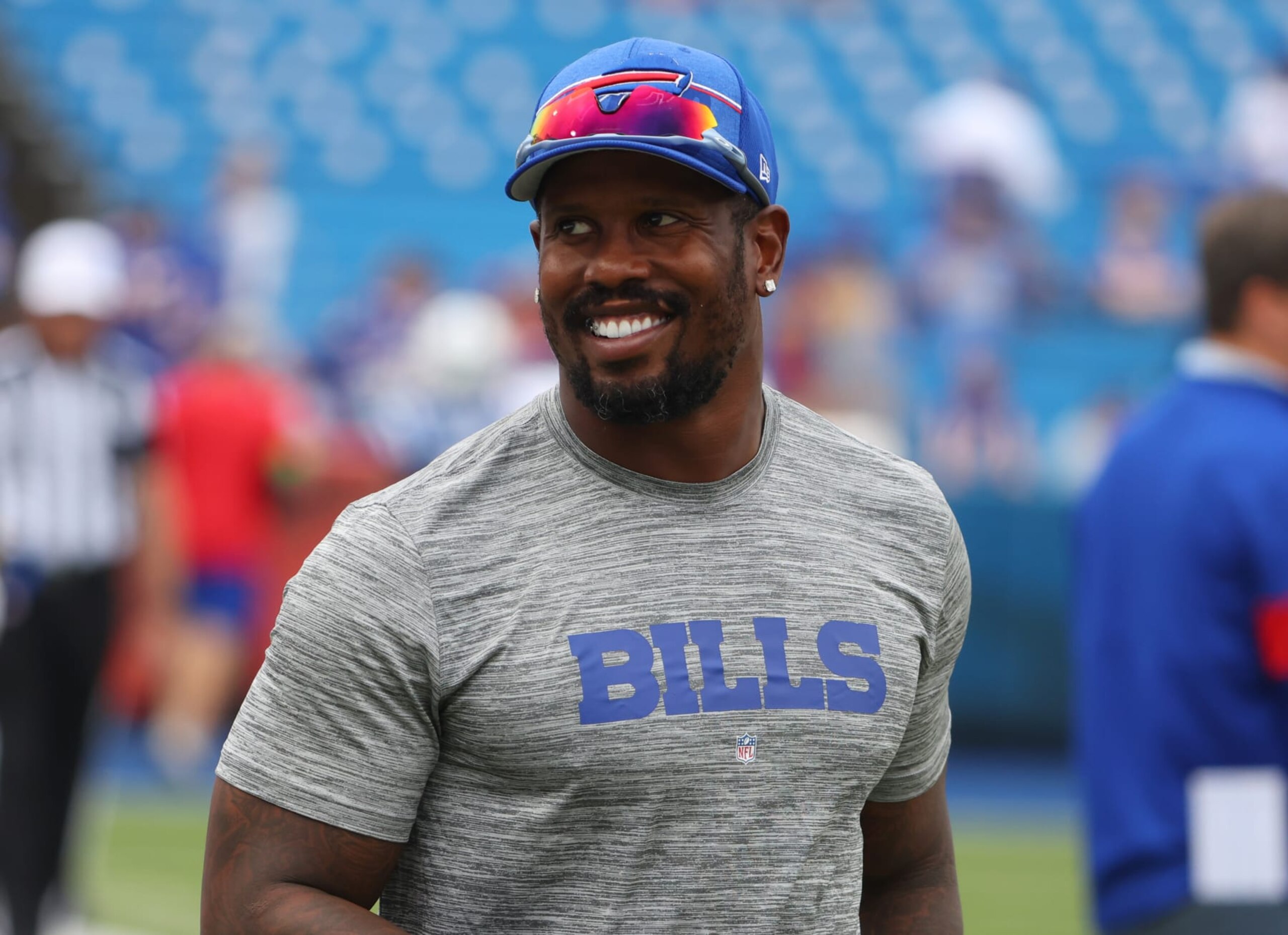 ORCHARD PARK, NEW YORK - AUGUST 12: Von Miller #40 of the Buffalo Bills on the field before a preseason game against the Indianapolis Colts at Highmark Stadium on August 12, 2023 in Orchard Park, New York. (Photo by Timothy T Ludwig/Getty Images)