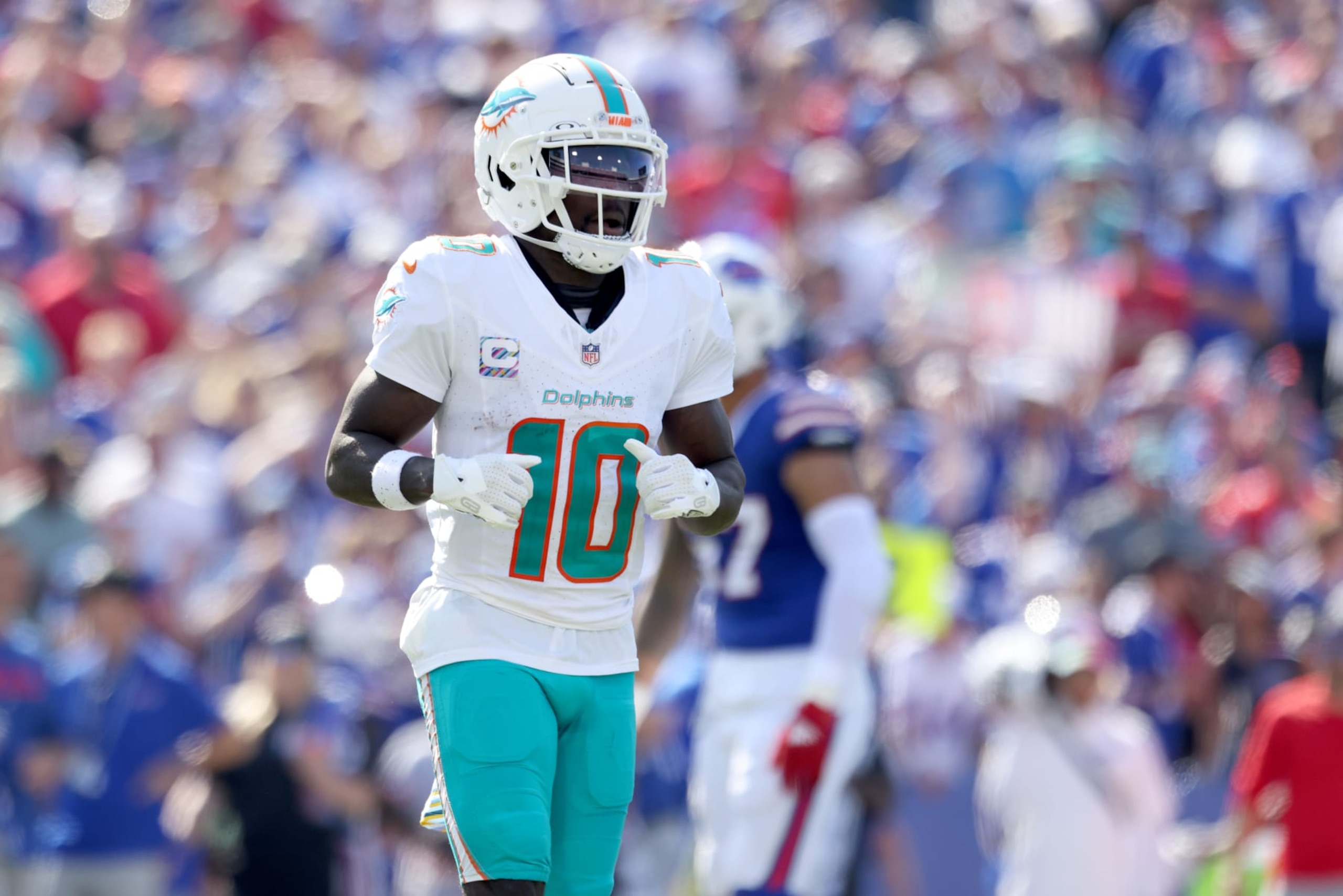 ORCHARD PARK, NEW YORK - OCTOBER 01: Tyreek Hill #10 of the Miami Dolphins lines up during the second quarter against the Buffalo Bills at Highmark Stadium on October 01, 2023 in Orchard Park, New York. (Photo by Bryan Bennett/Getty Images)