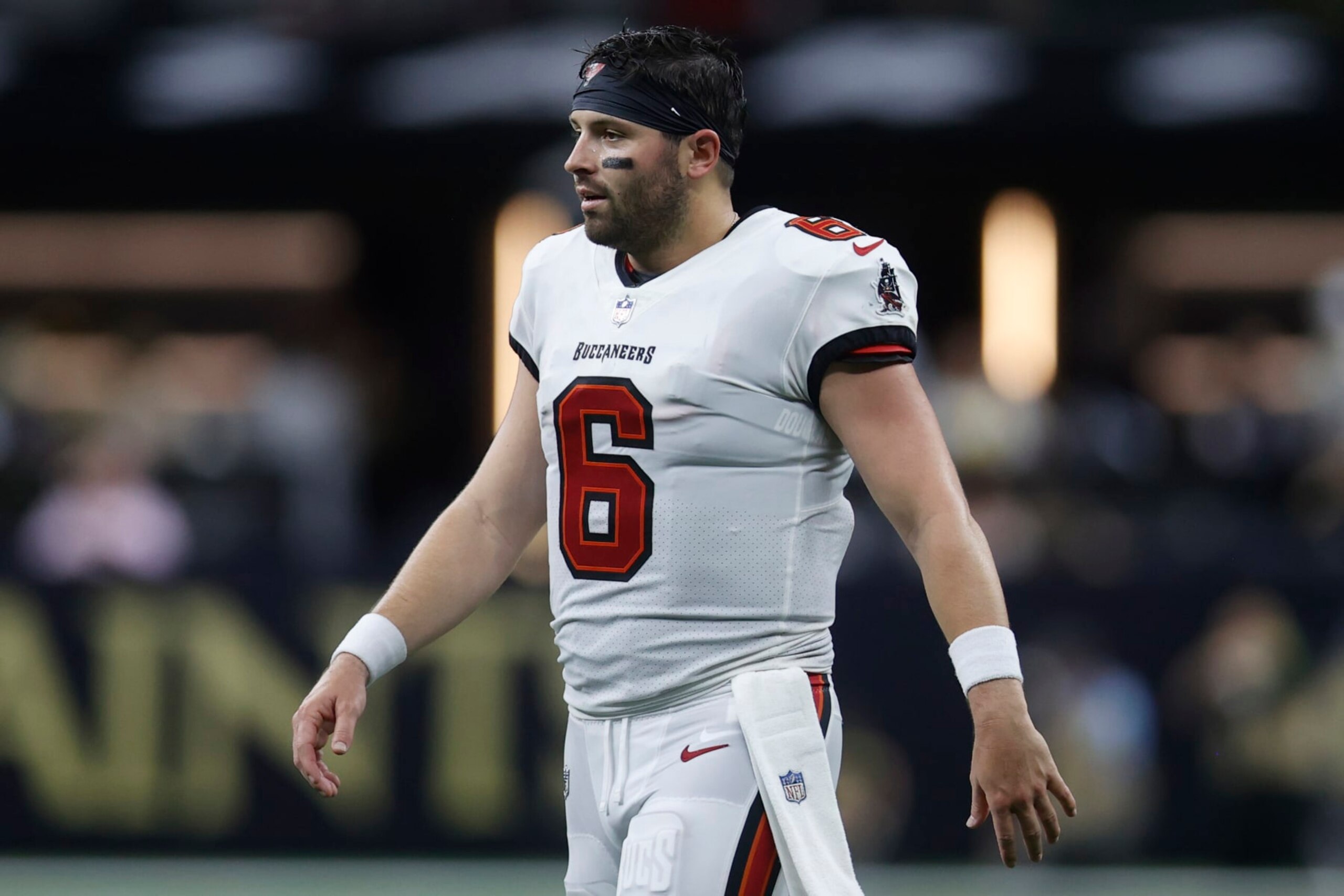 NEW ORLEANS, LOUISIANA - OCTOBER 01: Baker Mayfield #6 of the Tampa Bay Buccaneers looks on during the first half against the New Orleans Saints at Caesars Superdome on October 01, 2023 in New Orleans, Louisiana. (Photo by Chris Graythen/Getty Images)