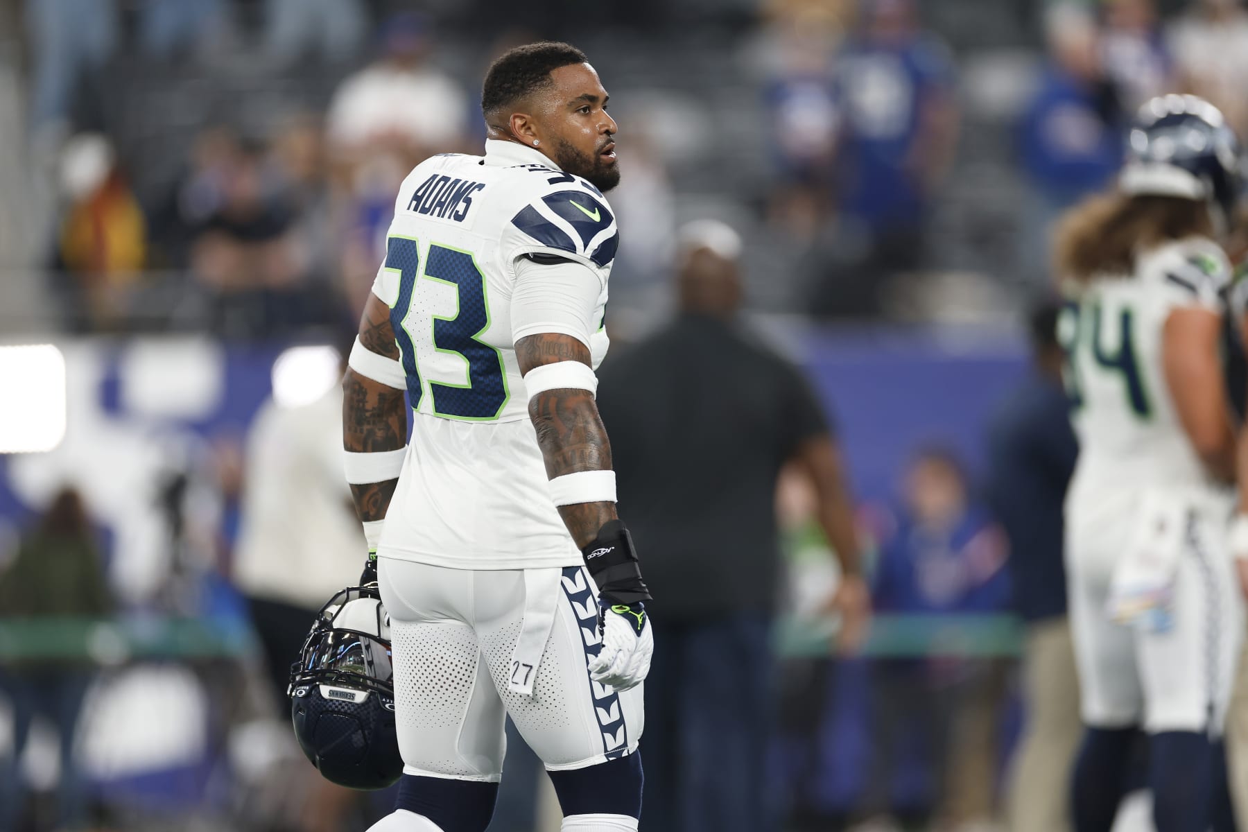 EAST RUTHERFORD, NEW JERSEY - OCTOBER 02: Jamal Adams #33 of the Seattle Seahawks looks on prior to a game against the New York Giants at MetLife Stadium on October 02, 2023 in East Rutherford, New Jersey. (Photo by Sarah Stier/Getty Images)