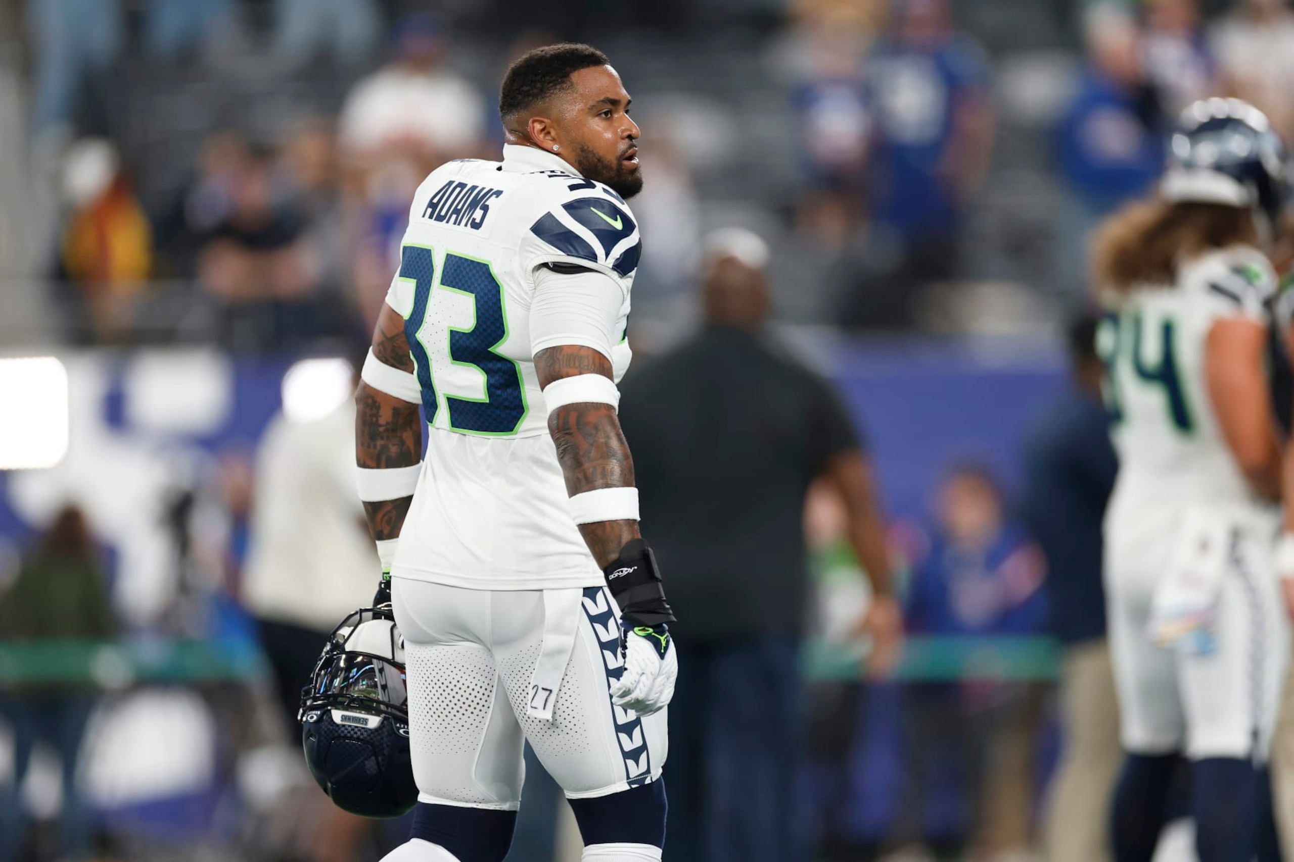 EAST RUTHERFORD, NEW JERSEY - OCTOBER 02: Jamal Adams #33 of the Seattle Seahawks looks on prior to a game against the New York Giants at MetLife Stadium on October 02, 2023 in East Rutherford, New Jersey. (Photo by Sarah Stier/Getty Images)