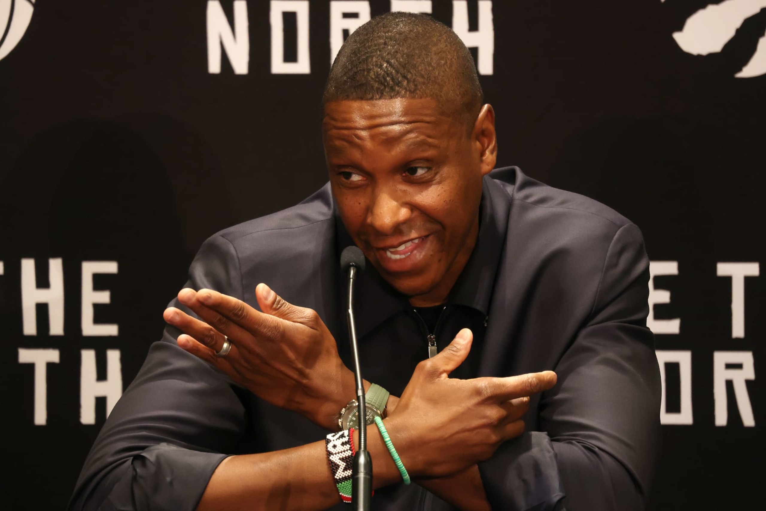TORONTO, ON- OCTOBER 2  - Toronto Raptors president Masai Ujiri takes questions as the Toronto Raptors hold their media day ahead of the 2023-24 season at Hilton Toronto in Toronto. October 2, 2023.        (Steve Russell/Toronto Star via Getty Images)