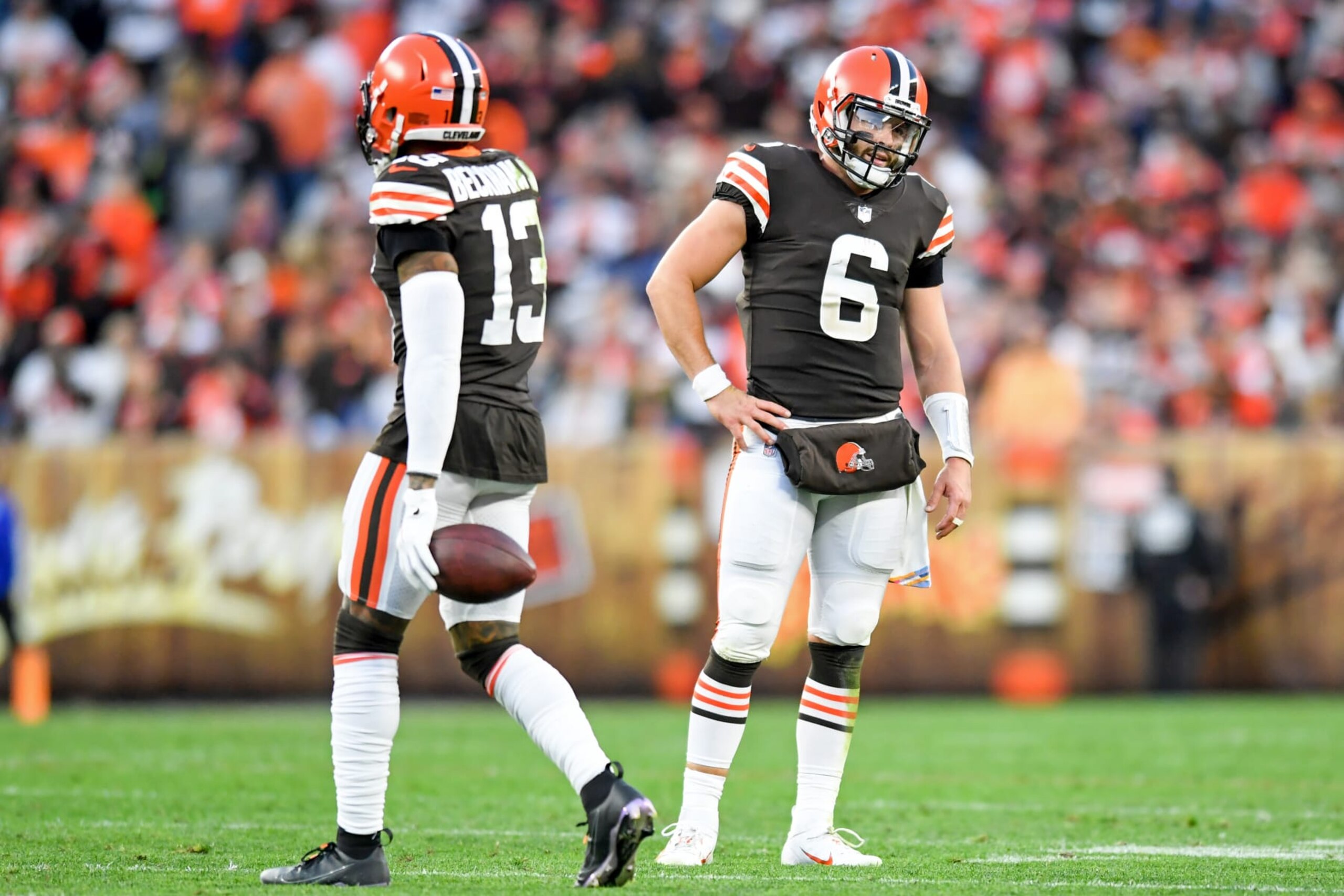 CLEVELAND, OH - OCTOBER 17: Baker Mayfield #6 and Odell Beckham Jr. #13 of the Cleveland Browns reacts to a flag in the fourth quarter against the Arizona Cardinals at FirstEnergy Stadium on October 17, 2021 in Cleveland, Ohio. (Photo by Nick Cammett/Diamond Images via Getty Images) CLEVELAND, OH - OCTOBER 17: Baker Mayfield #6 and Odell Beckham Jr. #13 of the Cleveland Browns reacts to a flag in the fourth quarter against the Arizona Cardinals at FirstEnergy Stadium on October 17, 2021 in Cleveland, Ohio. (Photo by Nick Cammett/Diamond Images via Getty Images)