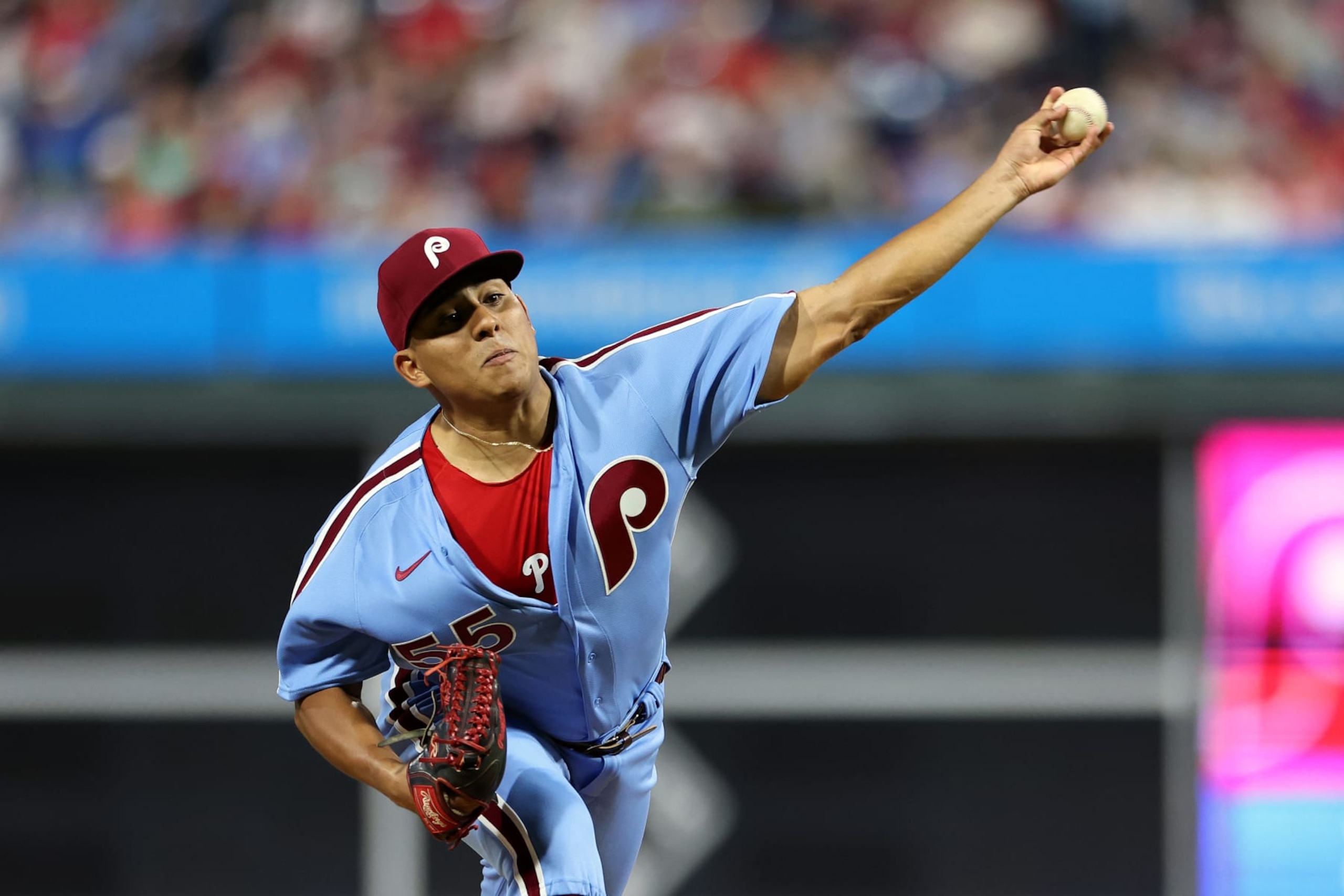 PHILADELPHIA, PENNSYLVANIA - SEPTEMBER 21: Ranger Suarez #55 of the Philadelphia Phillies pitches during the first inning against the New York Mets at Citizens Bank Park on September 21, 2023 in Philadelphia, Pennsylvania. (Photo by Tim Nwachukwu/Getty Images)