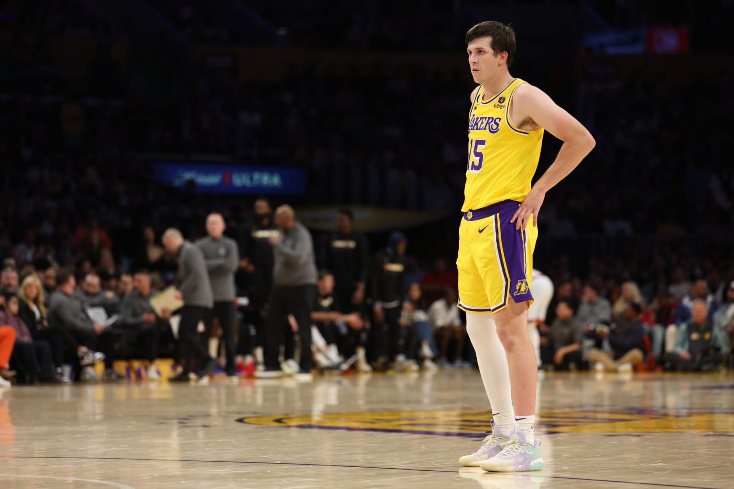 LOS ANGELES, CALIFORNIA - MAY 22: Austin Reaves #15 of the Los Angeles Lakers looks on during the third quarter against the Denver Nuggets in game four of the Western Conference Finals at Crypto.com Arena on May 22, 2023 in Los Angeles, California. NOTE TO USER: User expressly acknowledges and agrees that, by downloading and or using this photograph, User is consenting to the terms and conditions of the Getty Images License Agreement. (Photo by Harry How/Getty Images)