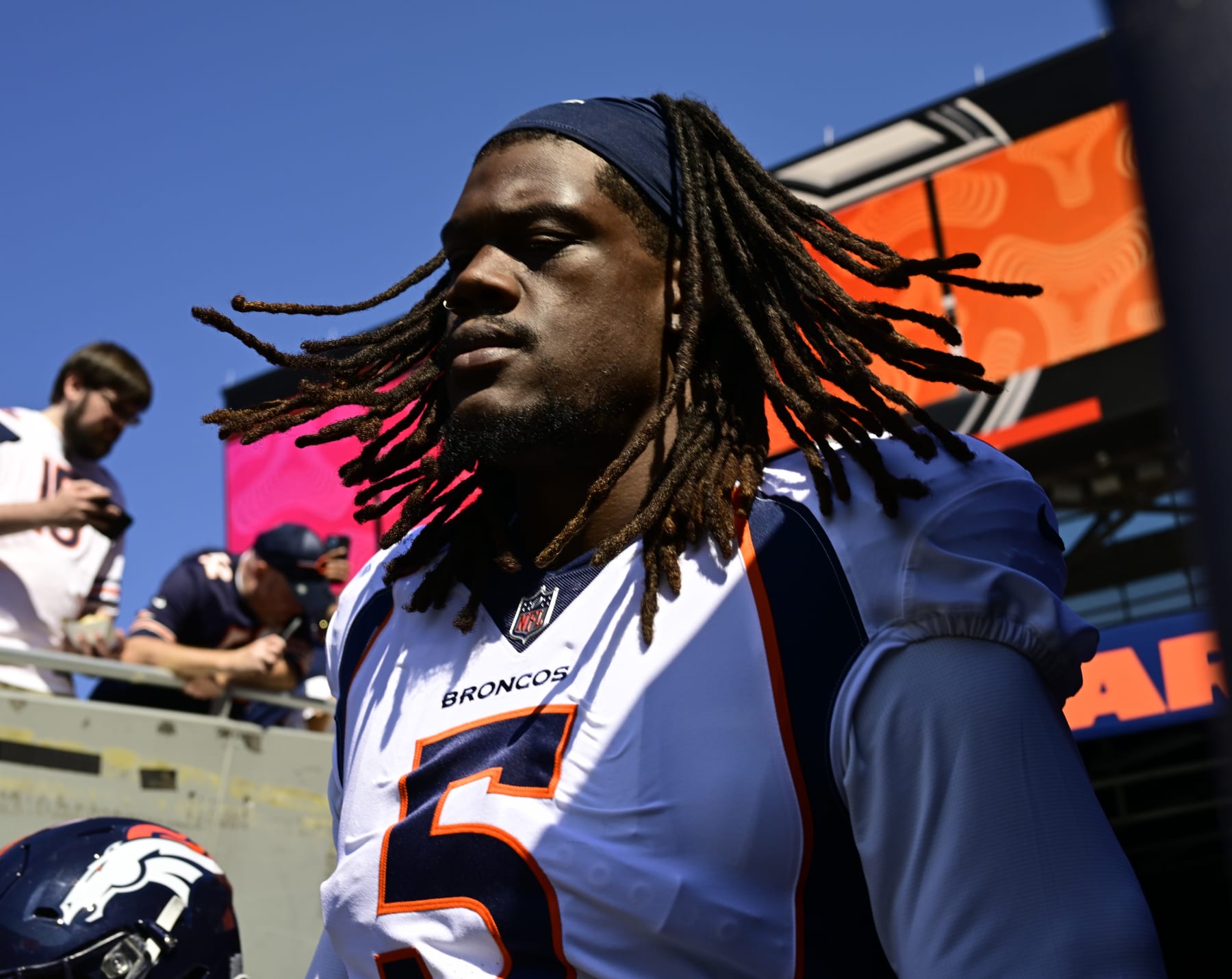 CHICAGO, IL - OCTOBER 01: Denver Broncos linebacker Randy Gregory (5) on the run out before playing the Chicago Bears at Soldier Field October 01, 2023. (Photo by Andy Cross/MediaNews Group/The Denver Post via Getty Images)