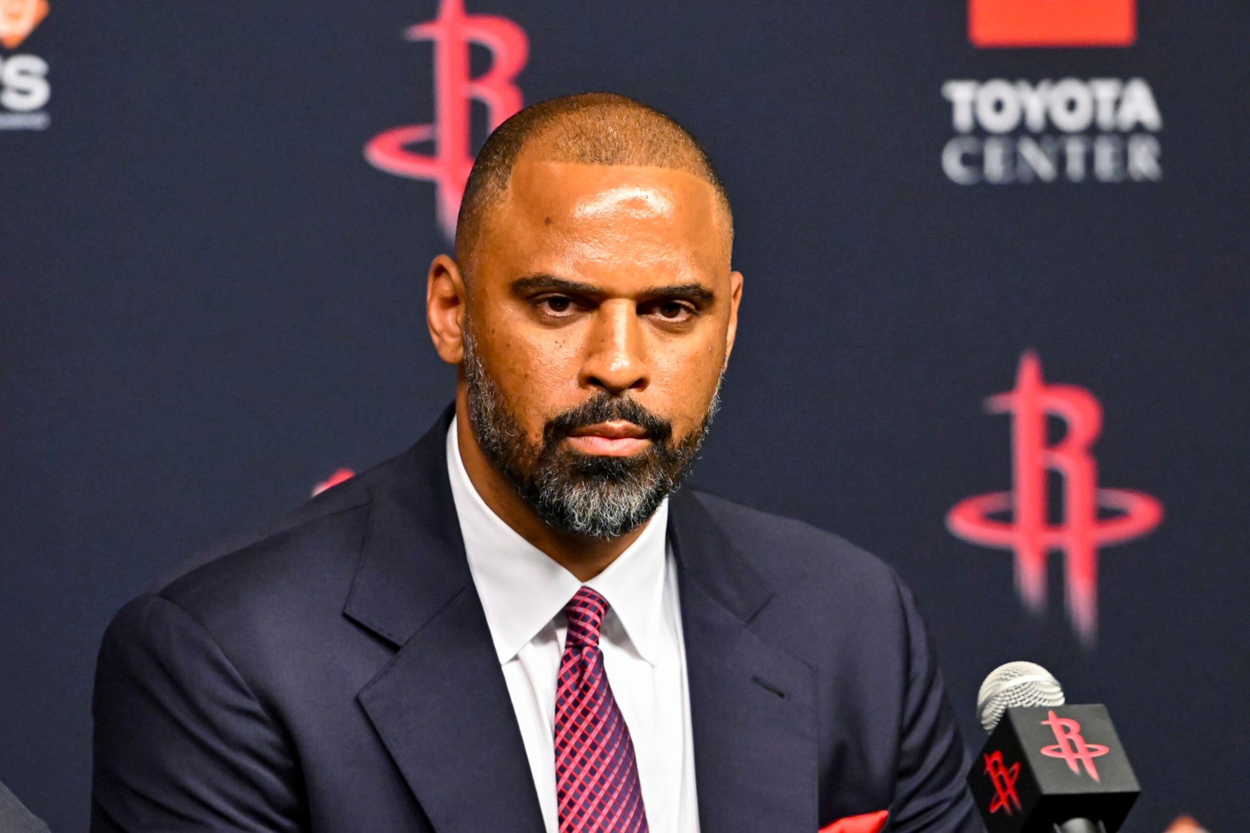 HOUSTON, TX - APRIL 26: The Houston Rockets introduce Ime Udoka as the next head coach during a press conference on April 26, 2023 at the Toyota Center in Houston, Texas. NOTE TO USER: User expressly acknowledges and agrees that, by downloading and or using this photograph, User is consenting to the terms and conditions of the Getty Images License Agreement. Mandatory Copyright Notice: Copyright 2023 NBAE (Photo by Logan Riely/NBAE via Getty Images) HOUSTON, TX - APRIL 26: The Houston Rockets introduce Ime Udoka as the next head coach during a press conference on April 26, 2023 at the Toyota Center in Houston, Texas. NOTE TO USER: User expressly acknowledges and agrees that, by downloading and or using this photograph, User is consenting to the terms and conditions of the Getty Images License Agreement. Mandatory Copyright Notice: Copyright 2023 NBAE (Photo by Logan Riely/NBAE via Getty Images)