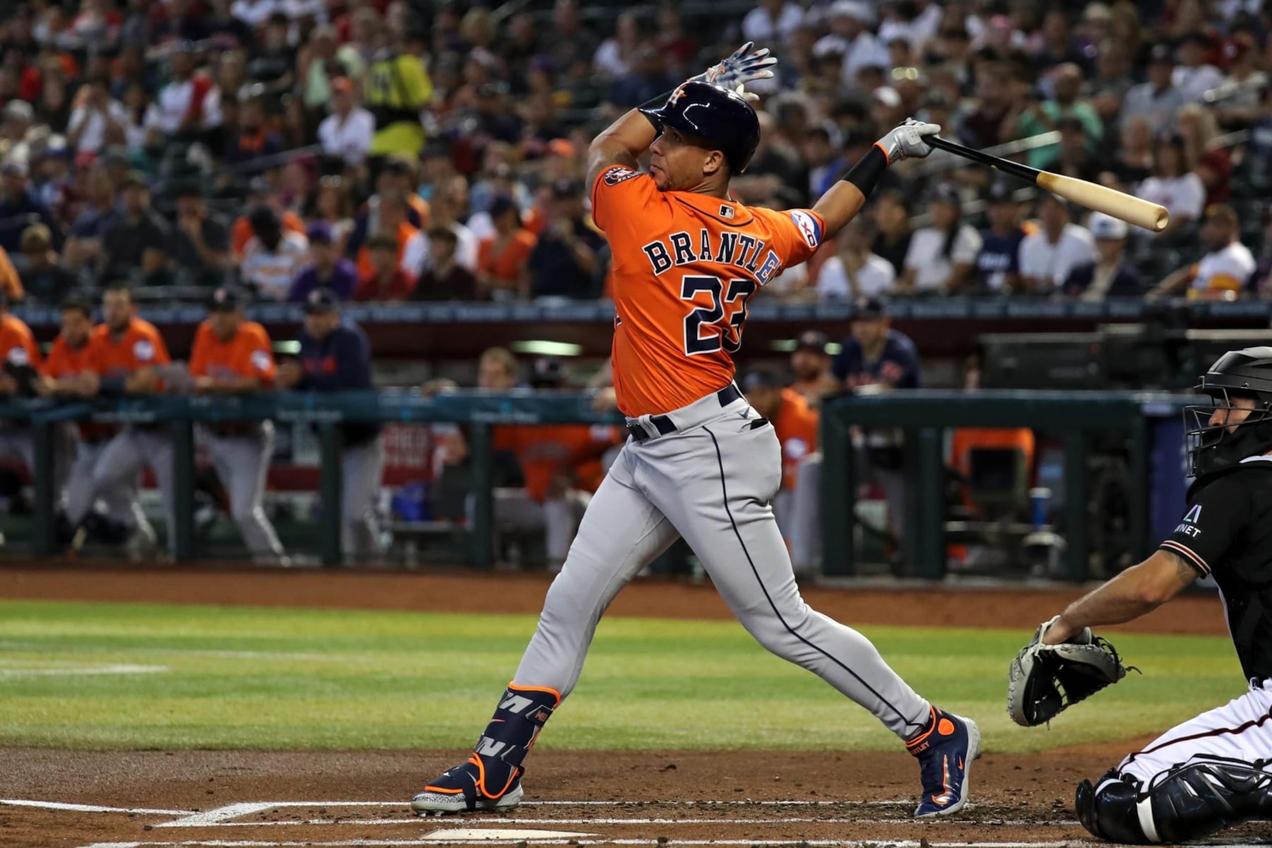 PHOENIX, AZ - OCTOBER 01: Houston Astros designated hitter Michael Brantley (23) hits a foul ball during a baseball game between the Houston Astros and the Arizona Diamondbacks on October 1st, 2023, at Chase Field in Phoenix, AZ. (Photo by Zac BonDurant/Icon Sportswire via Getty Images)