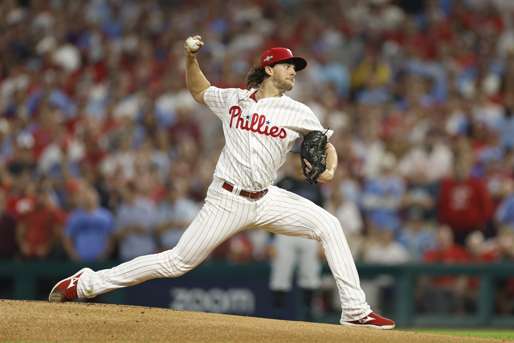 PHILADELPHIA, PENNSYLVANIA - OCTOBER 04: Aaron Nola #27 of the Philadelphia Phillies pitches during the first inning against the Miami Marlins in Game Two of the Wild Card Series at Citizens Bank Park on October 04, 2023 in Philadelphia, Pennsylvania. (Photo by Sarah Stier/Getty Images)