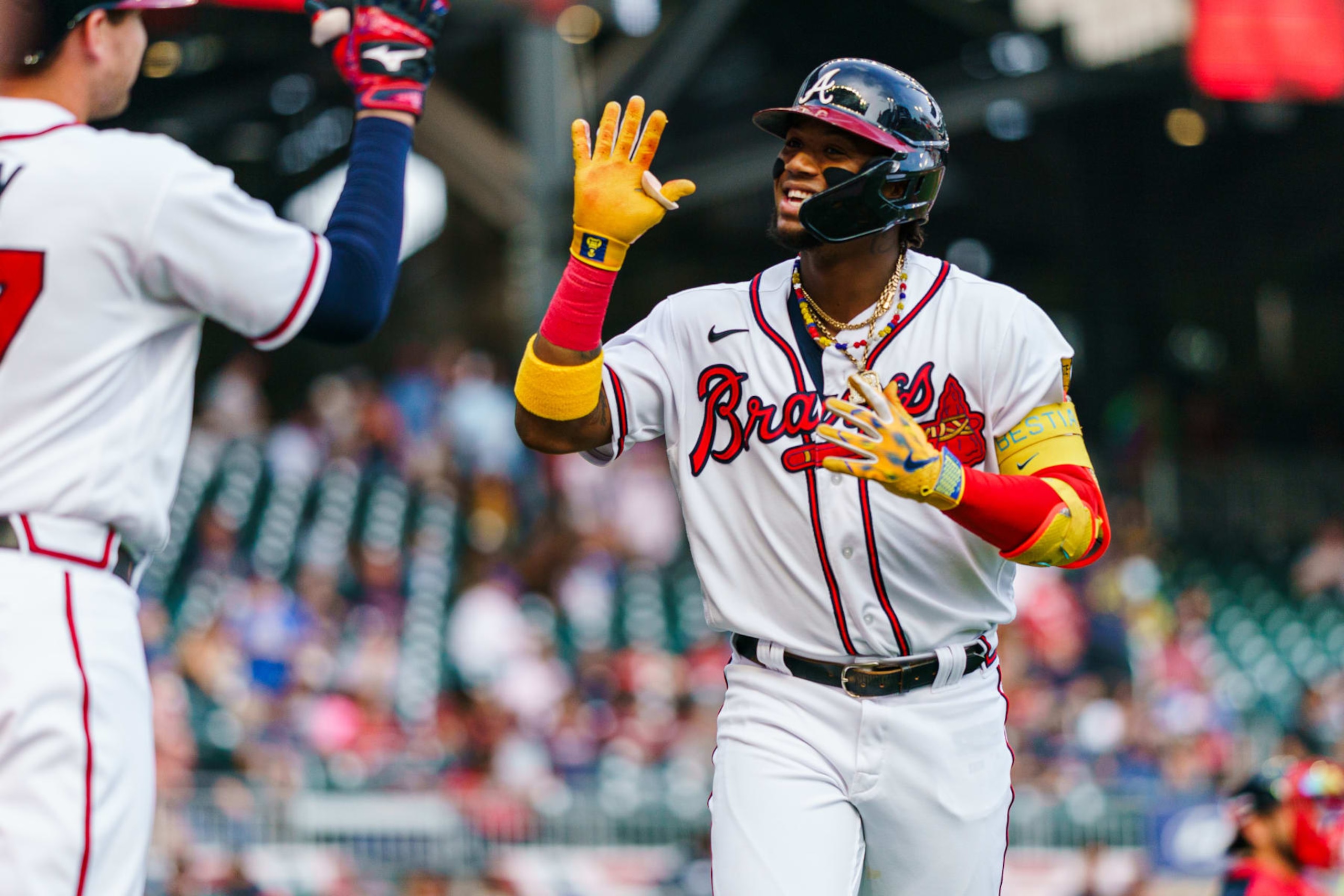ATLANTA, GA - OCTOBER 4: Ronald Acuña Jr. #13 of the Atlanta Braves celebrates after hitting a home run during the Atlanta Braves Postseason workout at Truist Park on October 4, 2023 in Atlanta, Georgia. (Photo by Matthew Grimes Jr./Atlanta Braves/Getty Images) ATLANTA, GA - OCTOBER 4: Ronald Acuña Jr. #13 of the Atlanta Braves celebrates after hitting a home run during the Atlanta Braves Postseason workout at Truist Park on October 4, 2023 in Atlanta, Georgia. (Photo by Matthew Grimes Jr./Atlanta Braves/Getty Images)