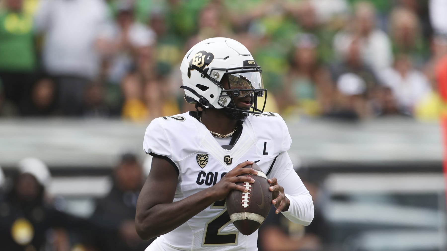 Colorado quarterback Shedeur Sanders (2) plays during an NCAA football game against Oregon, Saturday, Sept. 23, 2023, in Eugene, Ore. Oregon won 42-6. (AP Photo/Amanda Loman)