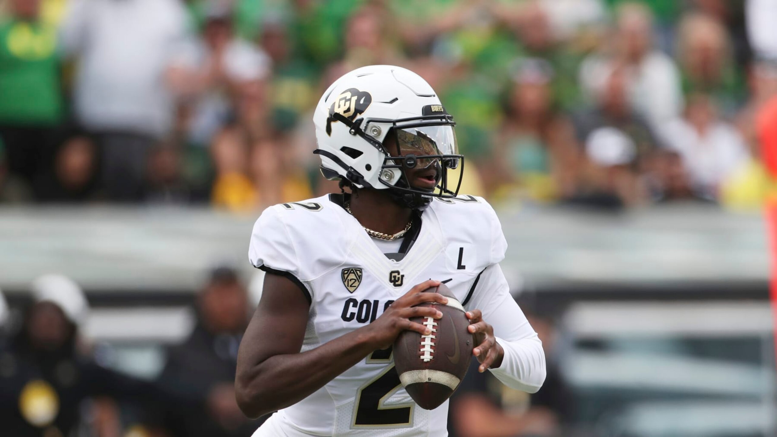 Colorado quarterback Shedeur Sanders (2) plays during an NCAA football game against Oregon, Saturday, Sept. 23, 2023, in Eugene, Ore. Oregon won 42-6. (AP Photo/Amanda Loman)