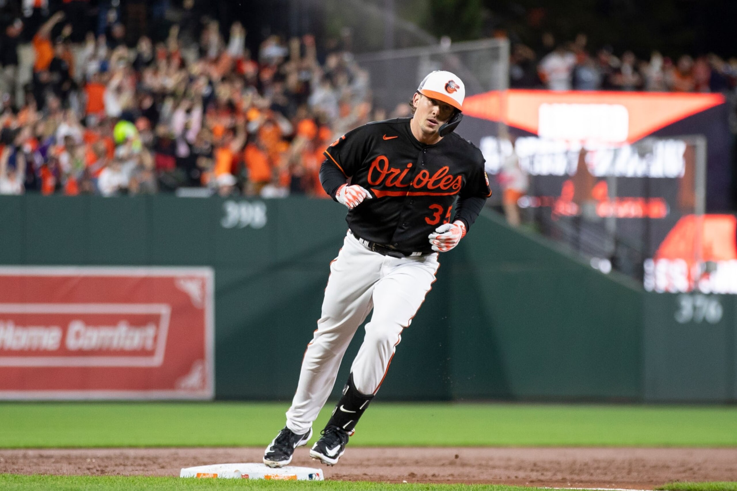 BALTIMORE, MARYLAND - SEPTEMBER 27: Adley Rutschman #35 of the Baltimore Orioles runs the bases after hitting a two-run home run in the third inning during a game against the Washington Nationals at Oriole Park at Camden Yards on September 27, 2023 in Baltimore, Maryland. (Photo by Brandon Sloter/Getty Images) BALTIMORE, MARYLAND - SEPTEMBER 27: Adley Rutschman #35 of the Baltimore Orioles runs the bases after hitting a two-run home run in the third inning during a game against the Washington Nationals at Oriole Park at Camden Yards on September 27, 2023 in Baltimore, Maryland. (Photo by Brandon Sloter/Getty Images)