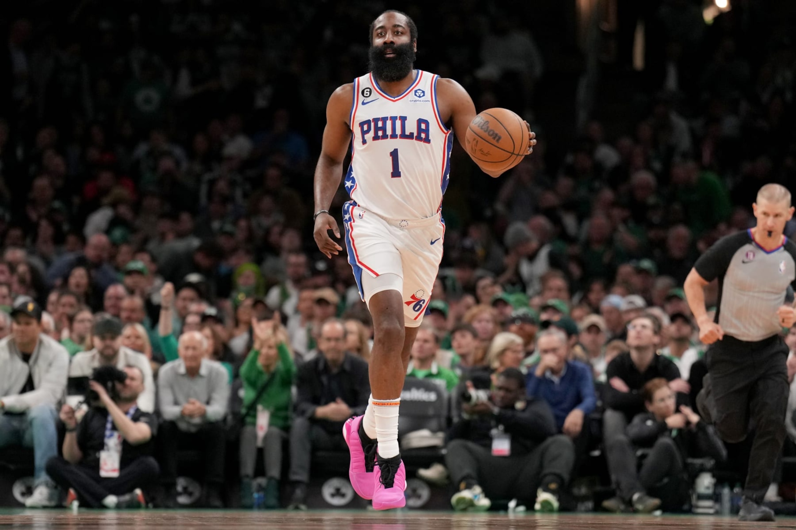 BOSTON, MA - MAY 9: James Harden #1 of the Philadelphia 76ers dribbles the ball against the Boston Celtics during Game 5 of the 2023 NBA Playoffs Eastern Conference semi-finals on MAY 9, 2023 at the TD Garden in Boston, Massachusetts. NOTE TO USER: User expressly acknowledges and agrees that, by downloading and or using this photograph, User is consenting to the terms and conditions of the Getty Images License Agreement. Mandatory Copyright Notice: Copyright 2023 NBAE (Photo by Jesse D. Garrabrant/NBAE via Getty Images) BOSTON, MA - MAY 9: James Harden #1 of the Philadelphia 76ers dribbles the ball against the Boston Celtics during Game 5 of the 2023 NBA Playoffs Eastern Conference semi-finals on MAY 9, 2023 at the TD Garden in Boston, Massachusetts. NOTE TO USER: User expressly acknowledges and agrees that, by downloading and or using this photograph, User is consenting to the terms and conditions of the Getty Images License Agreement. Mandatory Copyright Notice: Copyright 2023 NBAE (Photo by Jesse D. Garrabrant/NBAE via Getty Images)