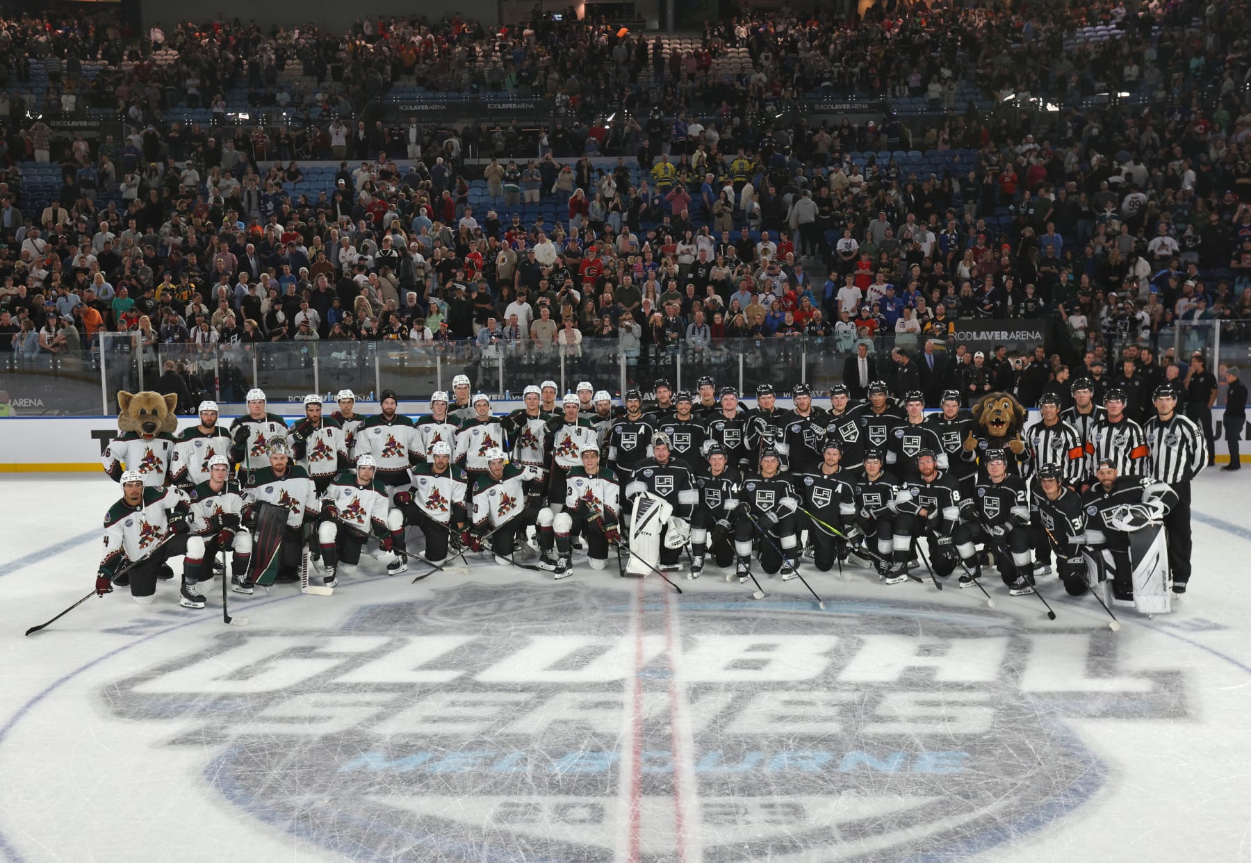 MELBOURNE, AUSTRALIA - SEPTEMBER 24: The Arizona Coyotes and the Los Angeles Kings pose for a group photo at cener ice after their NHL Global Series at Rod Laver Arena on September 24, 2023 in Melbourne, Australia. (Photo by Dave Sandford/NHLI via Getty Images)