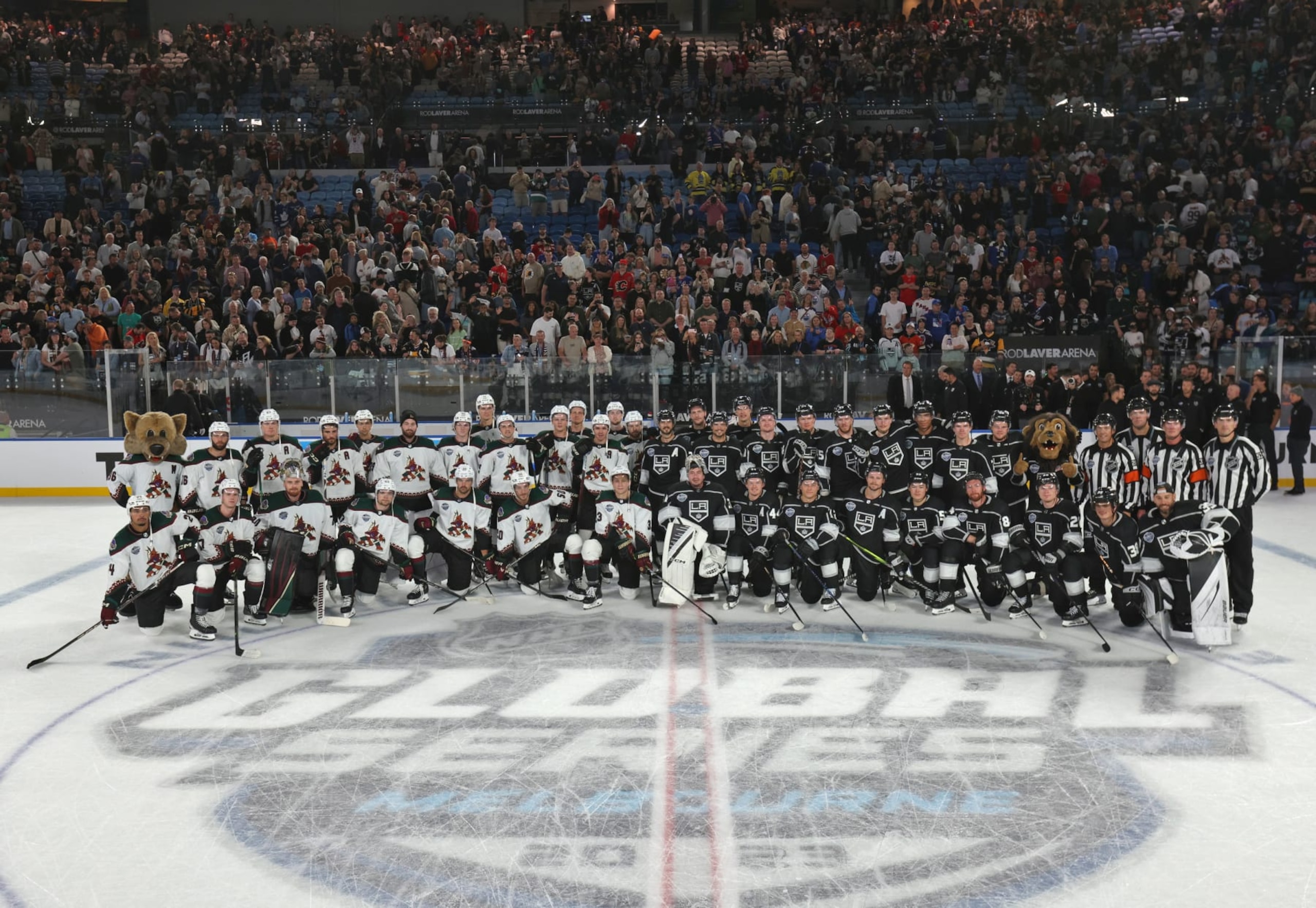 MELBOURNE, AUSTRALIA - SEPTEMBER 24: The Arizona Coyotes and the Los Angeles Kings pose for a group photo at cener ice after their NHL Global Series at Rod Laver Arena on September 24, 2023 in Melbourne, Australia. (Photo by Dave Sandford/NHLI via Getty Images)