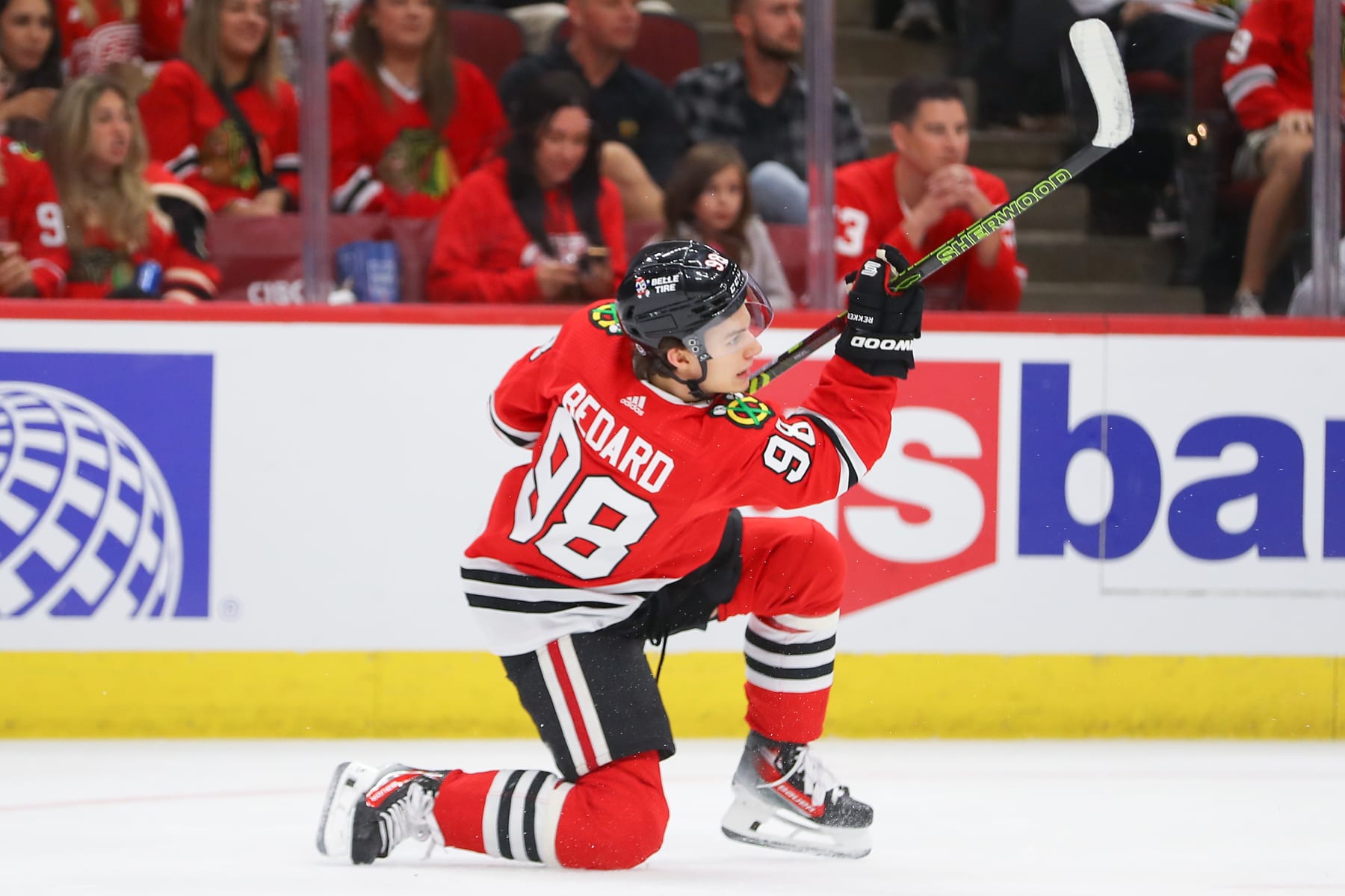 CHICAGO, IL - OCTOBER 03: Chicago Blackhawks center Connor Bedard (98) in action during a game between the Detroit Red Wings and the Chicago Blackhawks on October 3, 2023 at the United Center in Chicago, IL. (Photo by Melissa Tamez/Icon Sportswire via Getty Images)