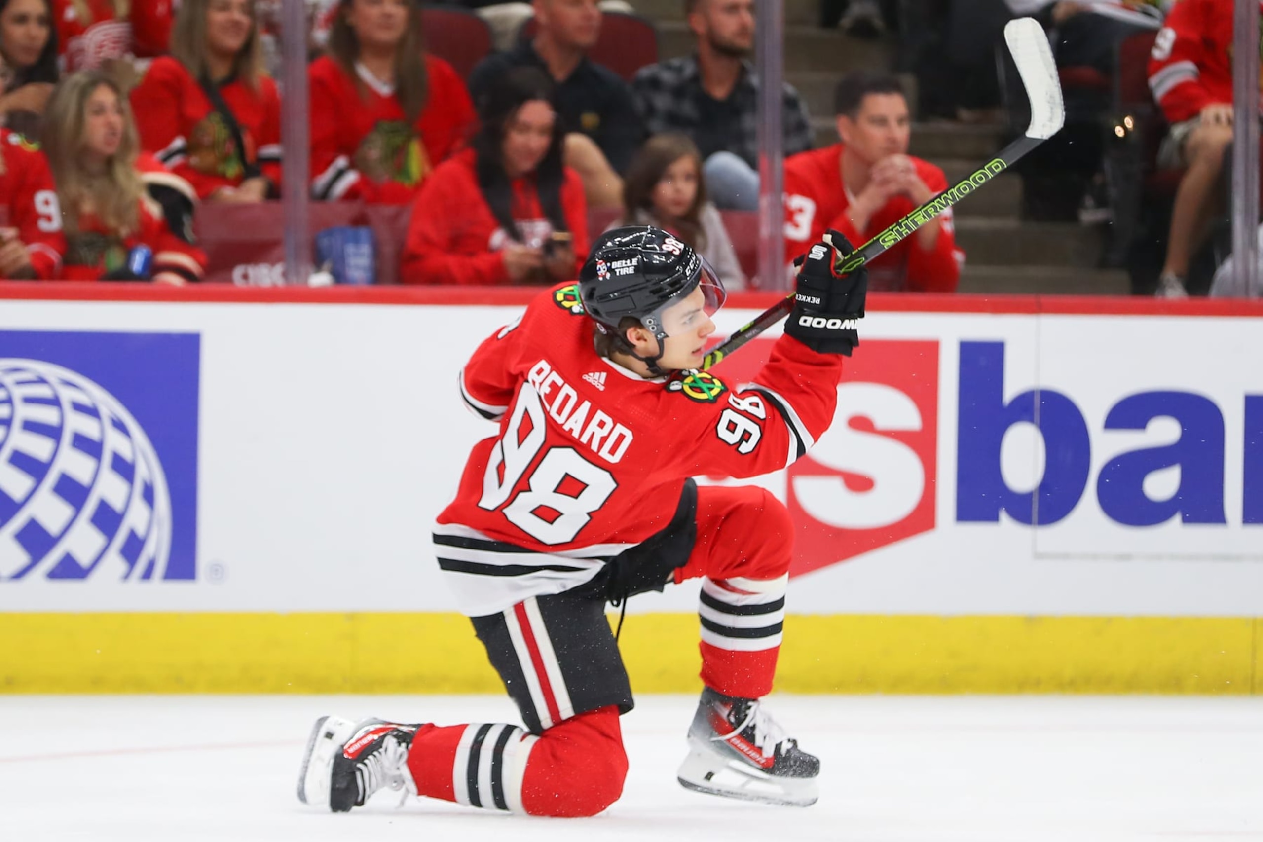 CHICAGO, IL - OCTOBER 03: Chicago Blackhawks center Connor Bedard (98) in action during a game between the Detroit Red Wings and the Chicago Blackhawks on October 3, 2023 at the United Center in Chicago, IL. (Photo by Melissa Tamez/Icon Sportswire via Getty Images)