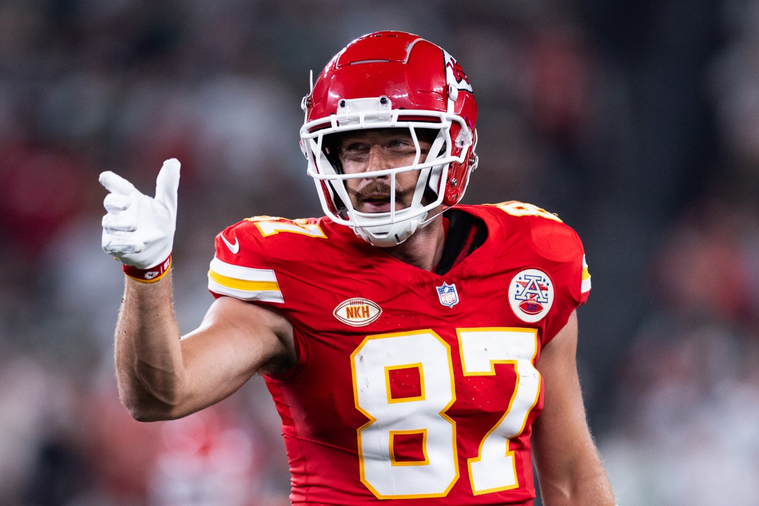 EAST RUTHERFORD, NEW JERSEY - OCTOBER 01: Travis Kelce #87 of the Kansas City Chiefs reacts to a play against the New York Jets during the first quarter in the game at MetLife Stadium on October 01, 2023 in East Rutherford, New Jersey. (Photo by Dustin Satloff/Getty Images) EAST RUTHERFORD, NEW JERSEY - OCTOBER 01: Travis Kelce #87 of the Kansas City Chiefs reacts to a play against the New York Jets during the first quarter in the game at MetLife Stadium on October 01, 2023 in East Rutherford, New Jersey. (Photo by Dustin Satloff/Getty Images)
