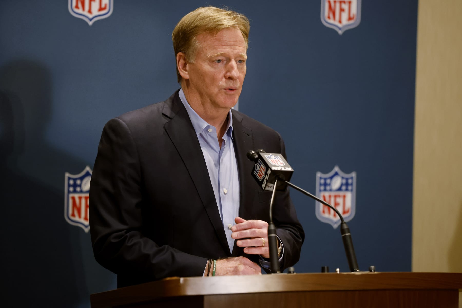 NFL Commissioner Roger Goodell talks with the media after NFL owners approved the sale of Washington Commanders, Thursday, July 20, 2023, in Bloomington Minn. (AP Photo/Bruce Kluckhohn)
