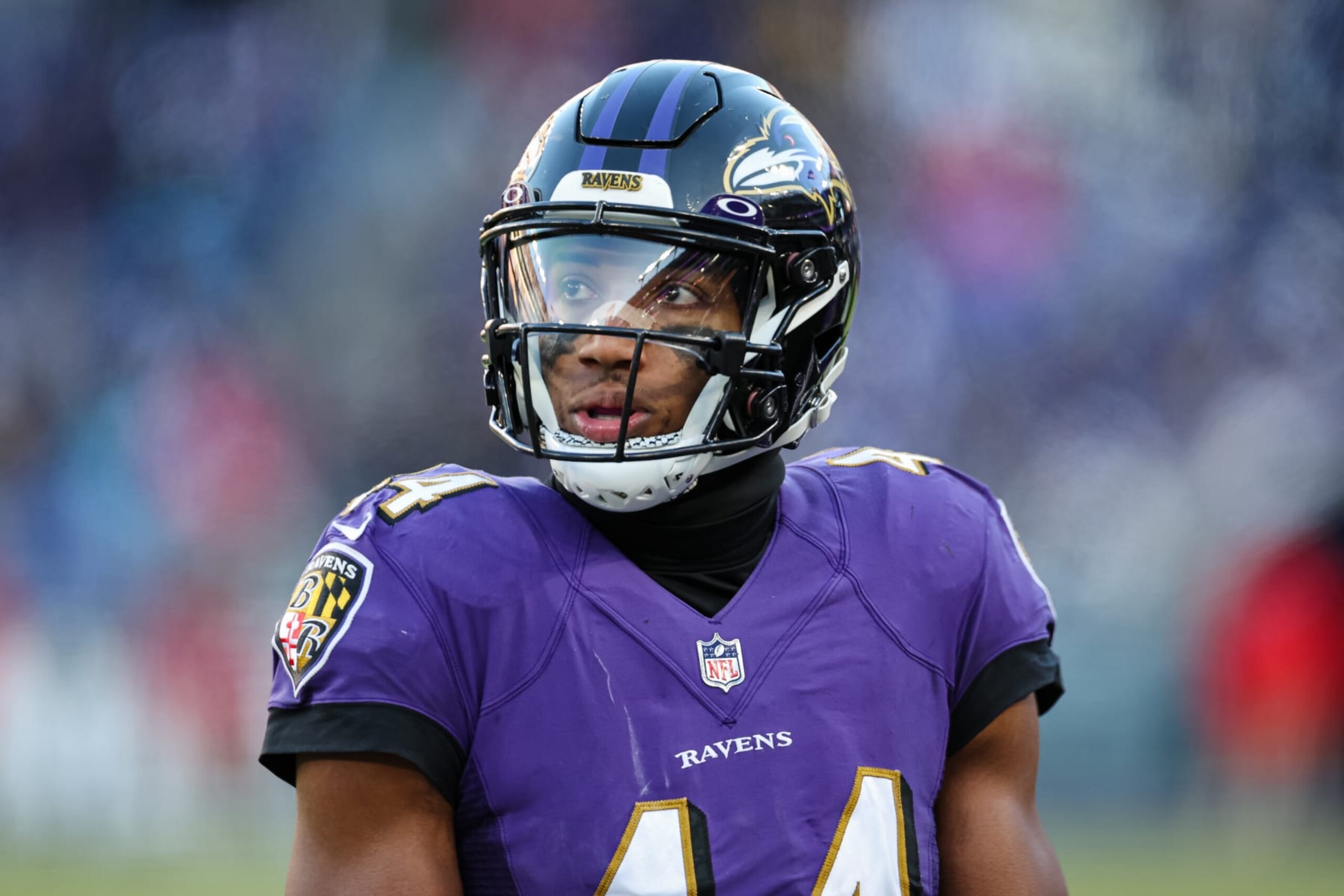 BALTIMORE, MD - NOVEMBER 20: Marlon Humphrey #44 of the Baltimore Ravens looks on against the Carolina Panthers during the second half at M&T Bank Stadium on November 20, 2022 in Baltimore, Maryland. (Photo by Scott Taetsch/Getty Images)