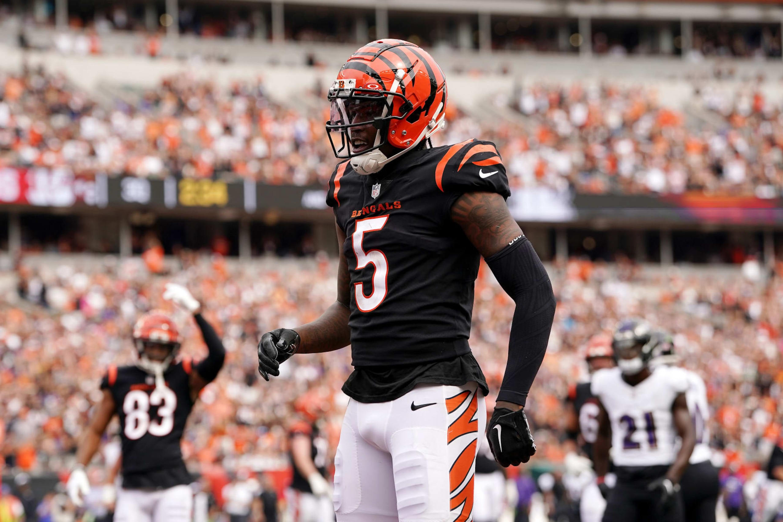 CINCINNATI, OHIO - SEPTEMBER 17: Tee Higgins #5 of the Cincinnati Bengals celebrates a touchdown during the third quarter in the game against the Baltimore Ravens at Paycor Stadium on September 17, 2023 in Cincinnati, Ohio. (Photo by Dylan Buell/Getty Images) CINCINNATI, OHIO - SEPTEMBER 17: Tee Higgins #5 of the Cincinnati Bengals celebrates a touchdown during the third quarter in the game against the Baltimore Ravens at Paycor Stadium on September 17, 2023 in Cincinnati, Ohio. (Photo by Dylan Buell/Getty Images)