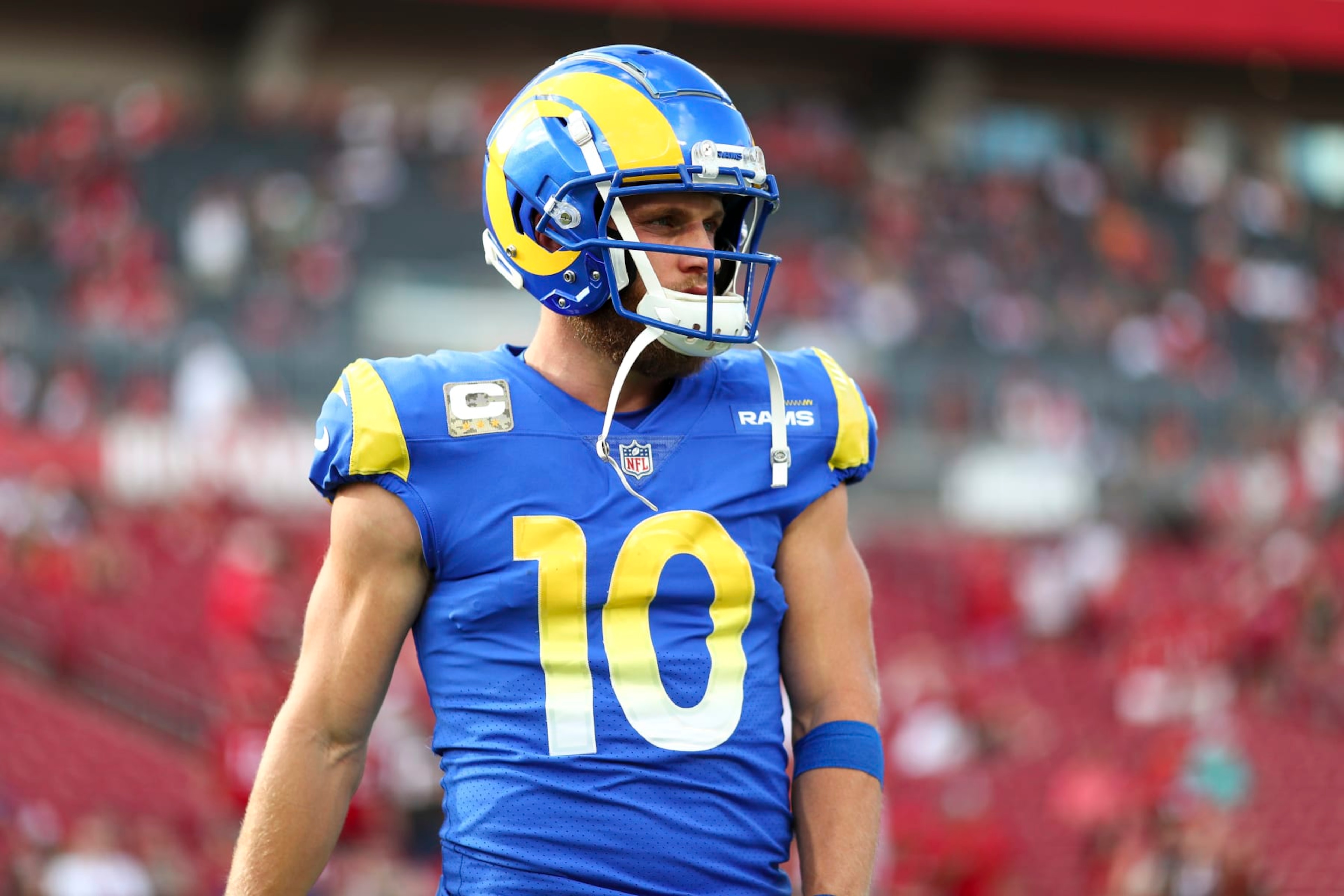 TAMPA, FL - NOVEMBER 6: Cooper Kupp #10 of the Los Angeles Rams warms up prior to an NFL football game against the Tampa Bay Buccaneers at Raymond James Stadium on November 6, 2022 in Tampa, Florida. (Photo by Kevin Sabitus/Getty Images)